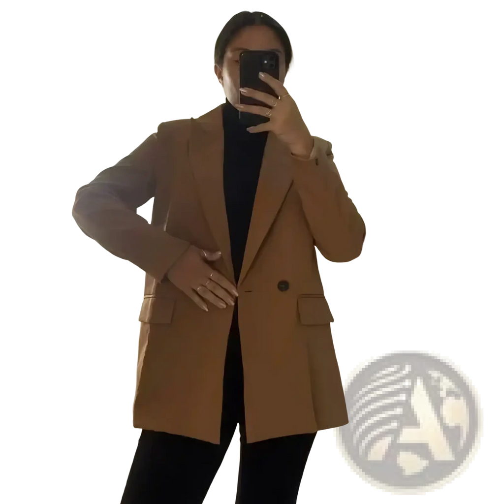 Tan double breasted office blazer for women with a structured fit and notched lapels perfect for professional wear