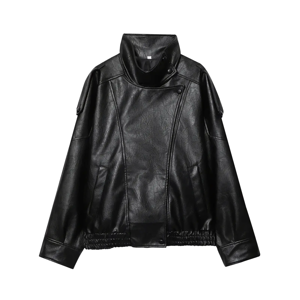 Black faux leather moto jacket for women with a high collar and elastic cuffs winter coat