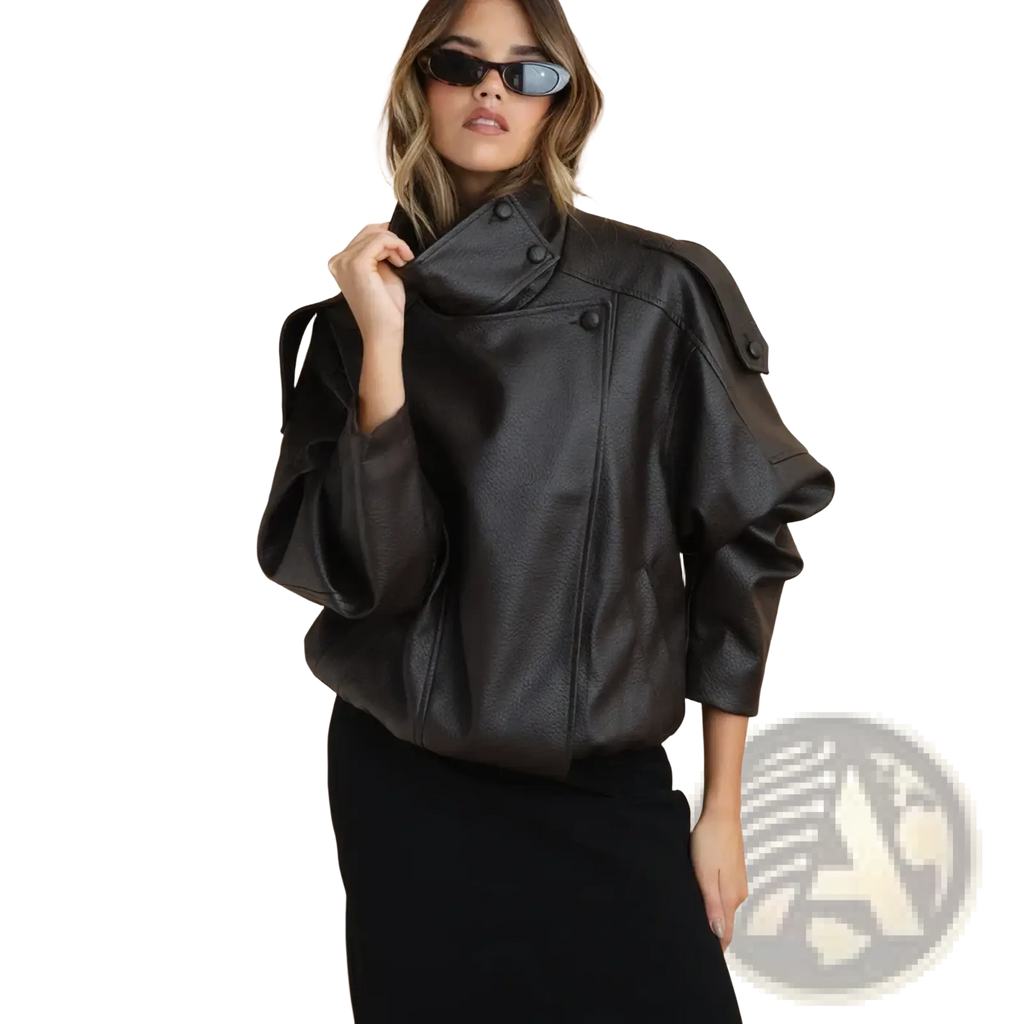 Black faux leather moto jacket with padded shoulders and buttoned collar for winter wear mujer coat