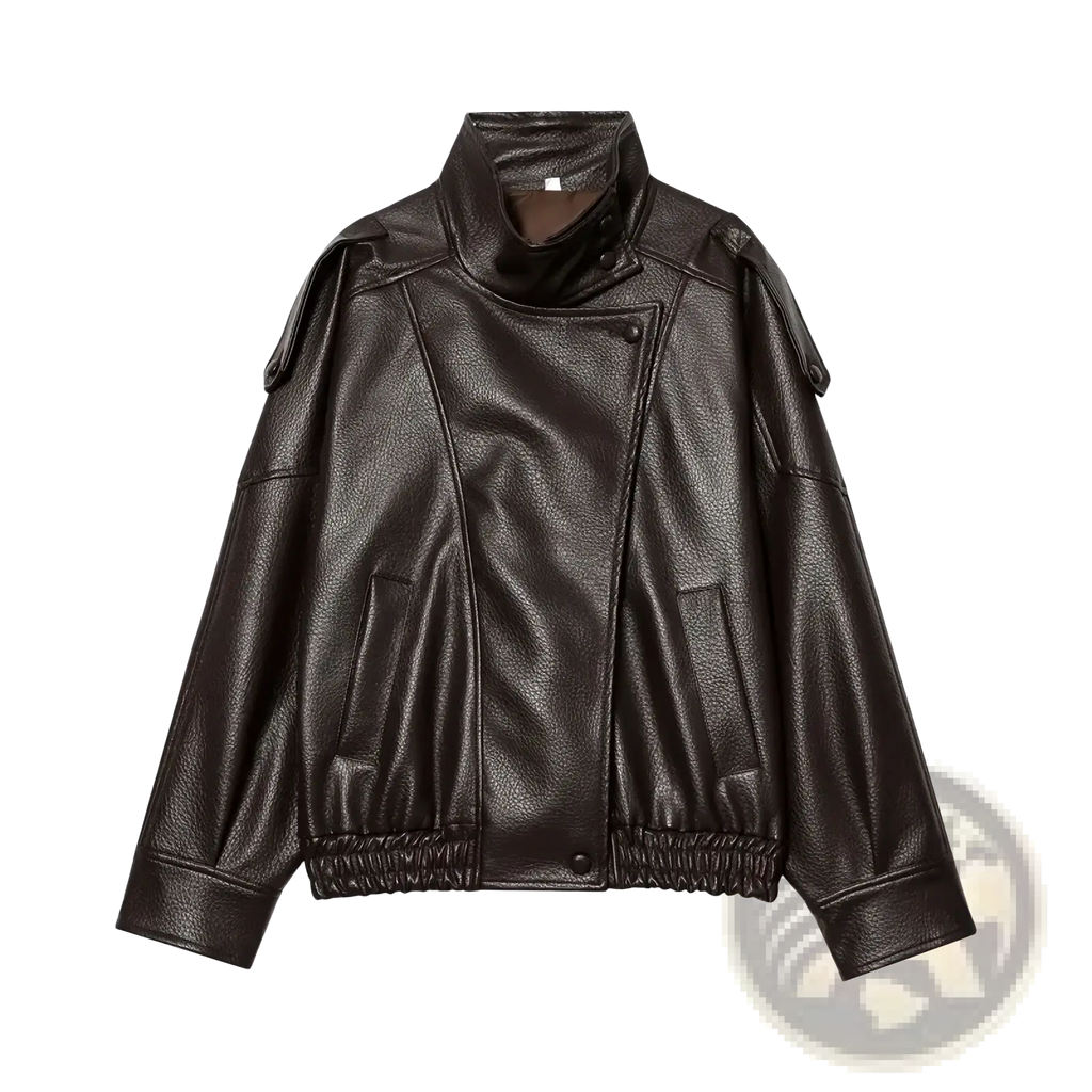 Dark brown faux leather moto jacket with padded shoulders and elastic cuffs for mujer winter coat