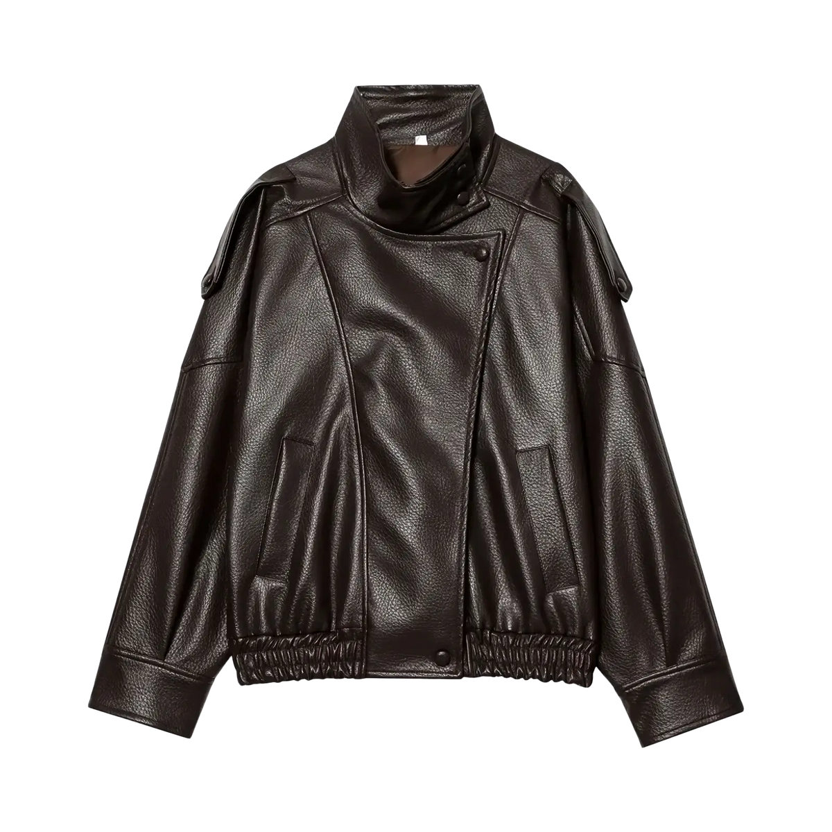 Dark brown faux leather moto jacket with padded shoulders and elastic cuffs for mujer winter coat