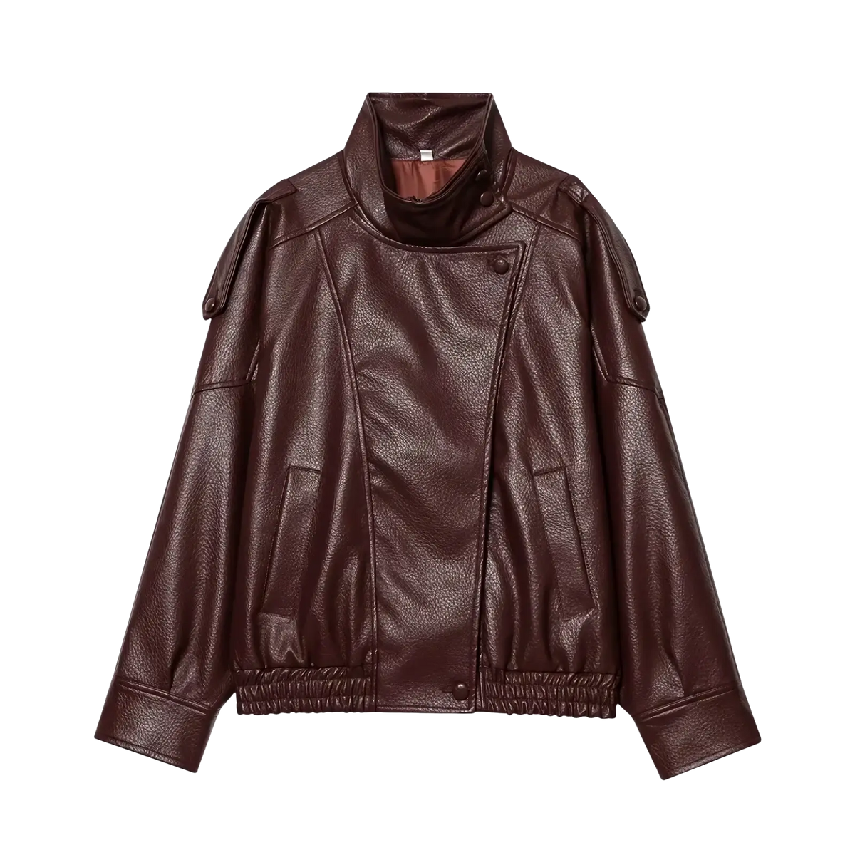 Mujer faux leather moto jacket winter coat in rich brown with textured surface, structured shoulders, and elastic cuffs