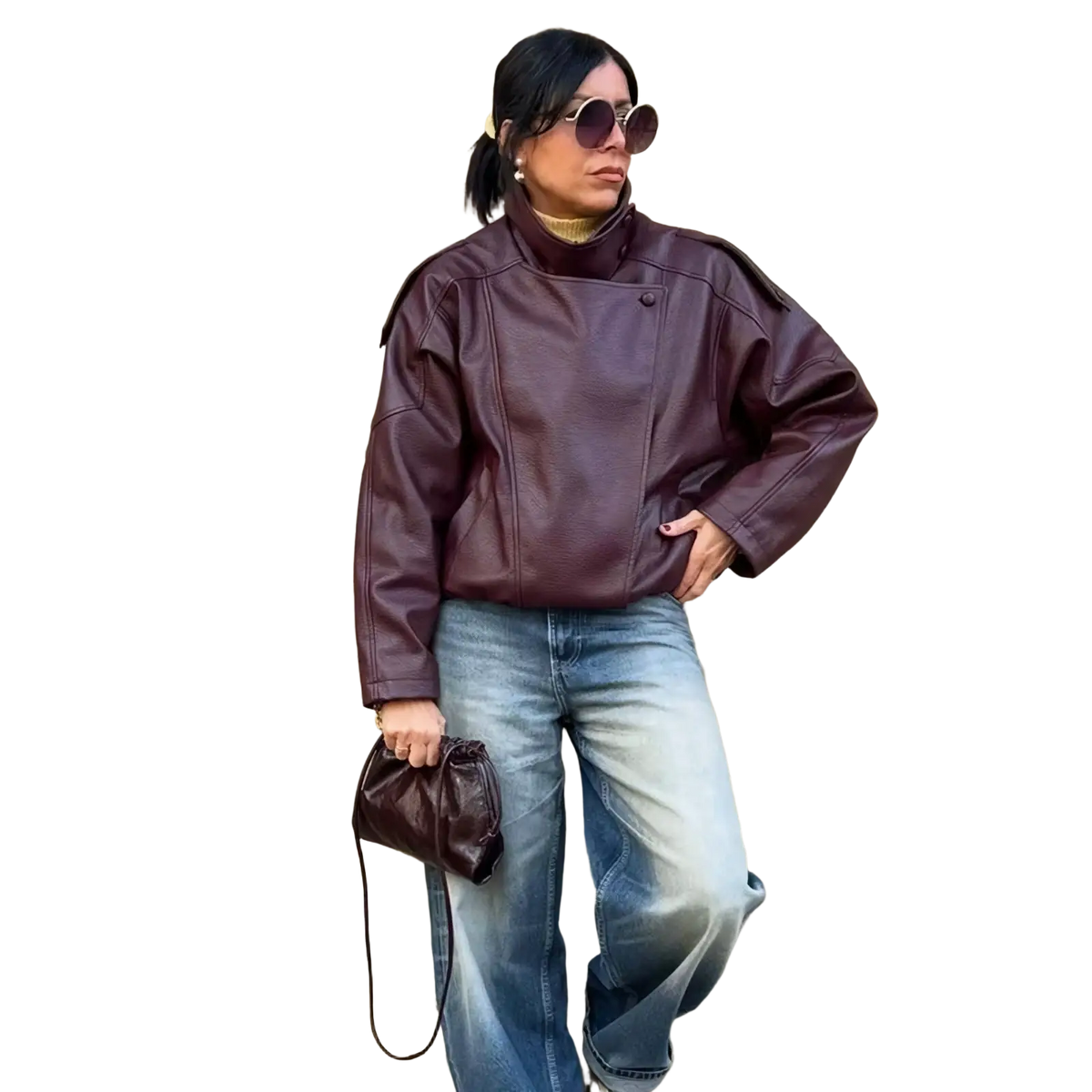 Mujer rich burgundy faux leather moto jacket winter coat with high collar and structured shoulders for cold weather