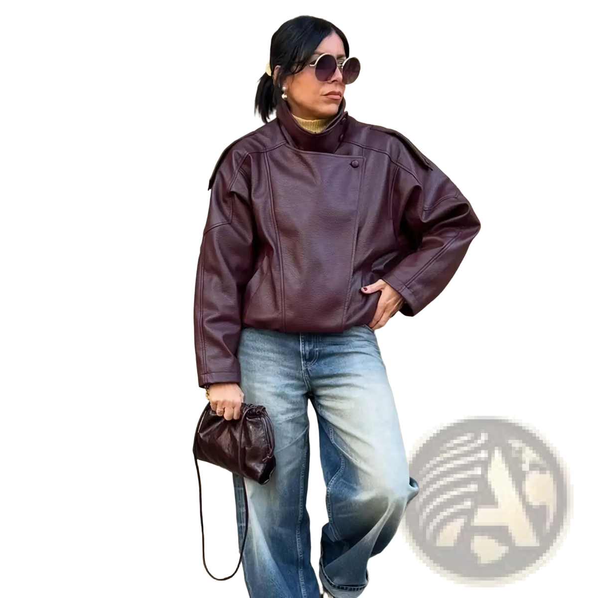 Mujer rich burgundy faux leather moto jacket winter coat with high collar and structured shoulders for cold weather