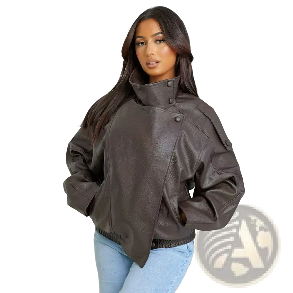 A stylish dark brown faux leather mujer moto jacket with a high collar and buttoned front for winter wear