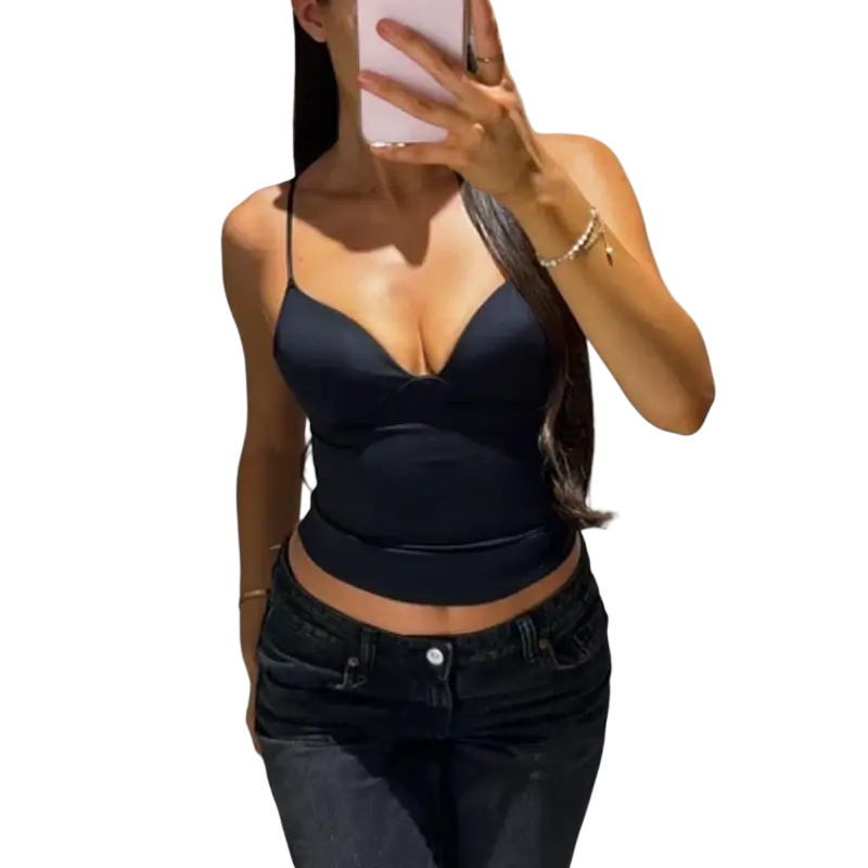 Black satin camisole top with thin straps and sweetheart neckline from mujer sexy backless corset crop top satin camisole collection
