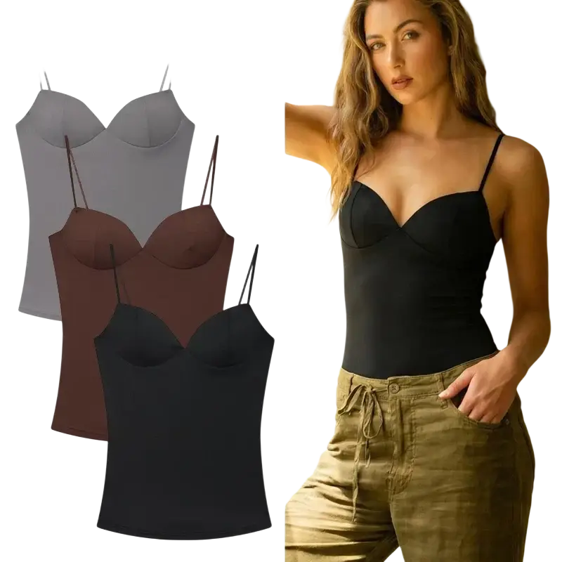 Black mujer satin camisole crop top with thin spaghetti straps and structured supportive bust design