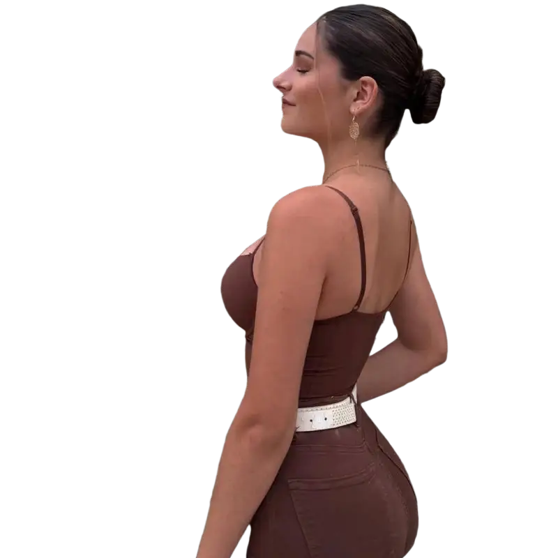 Brown satin mujer sexy backless corset crop top with white studded belt shown from the back side