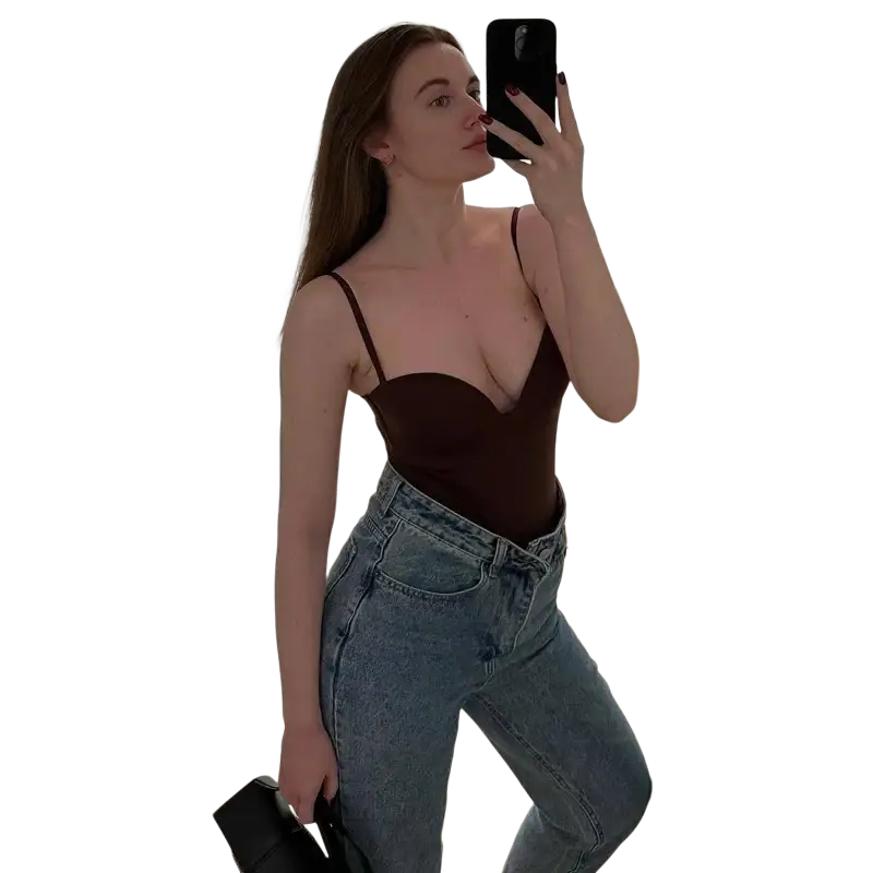 Brown satin corset-style bodysuit with thin straps and deep neckline in mujer sexy backless camisole design