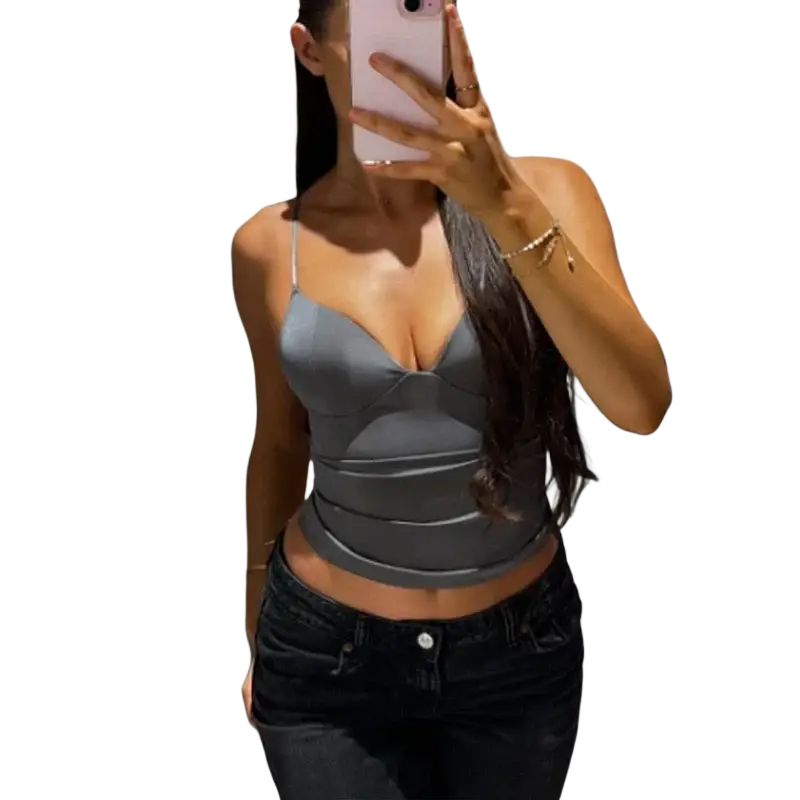 Gray ruched satin camisole crop top with spaghetti straps and sexy backless corset design for women