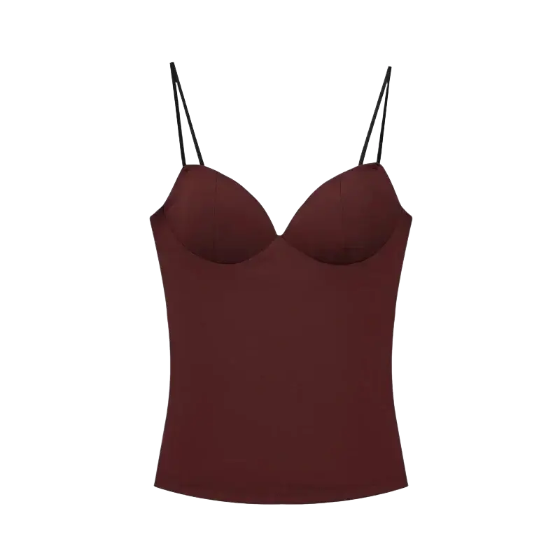 A maroon mujer sexy backless corset crop top satin camisole with thin black spaghetti straps and smooth fabric finish
