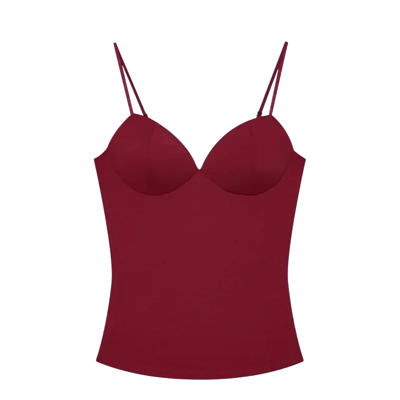 A sleek deep red satin strapless camisole top with thin adjustable straps and a smooth form-fitting fabric