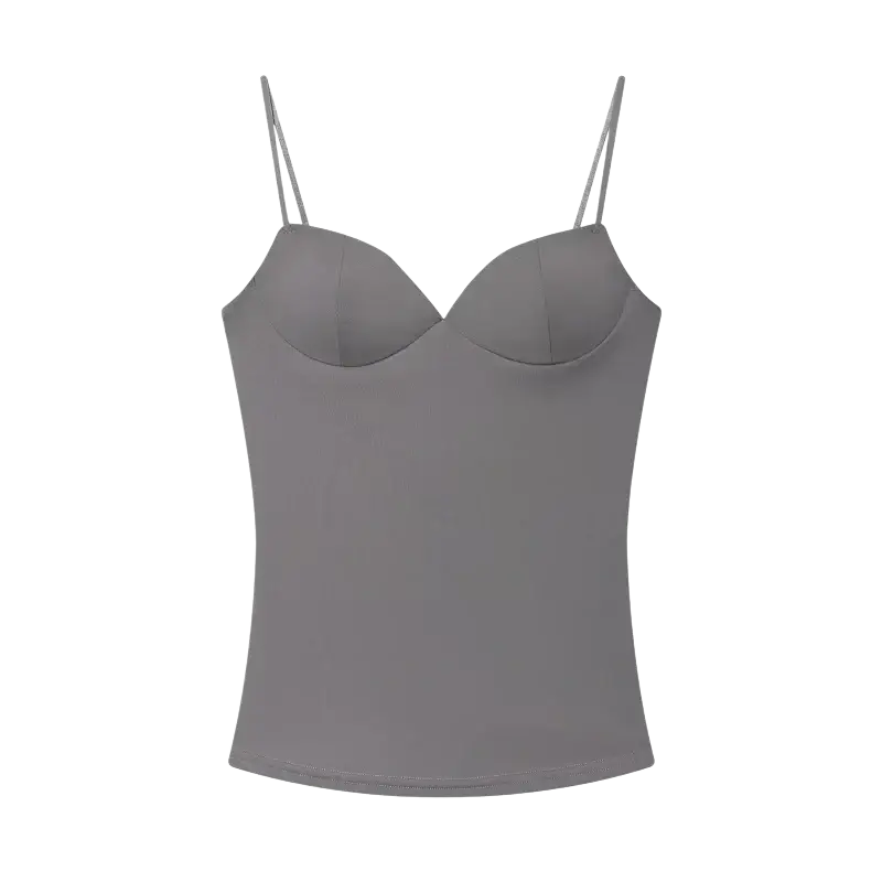 A sleek solid gray satin camisole with spaghetti straps and a structured bustier design for a sexy backless look