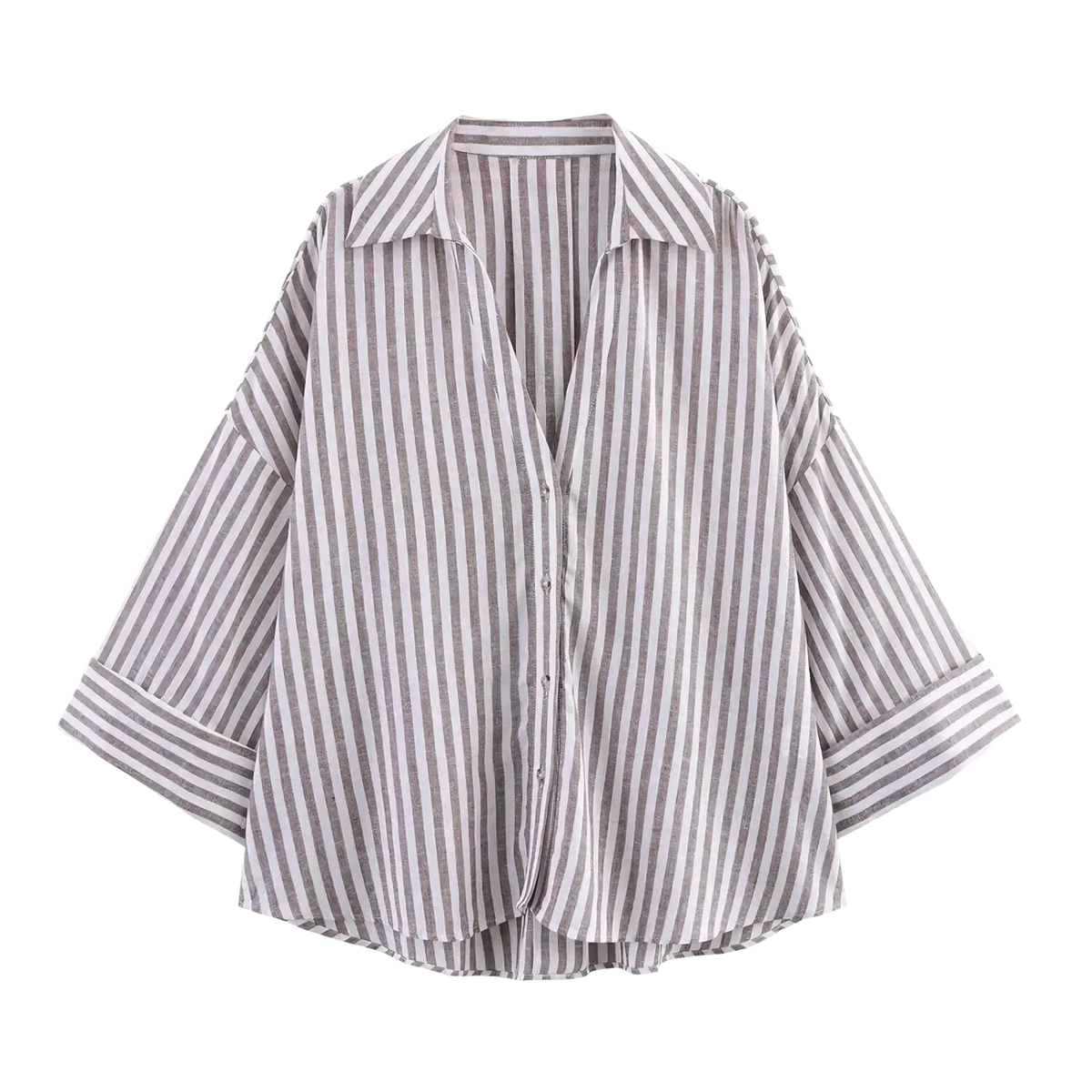 Mujer striped loose women summer button up shirt in gray and off-white vertical stripes with long sleeves