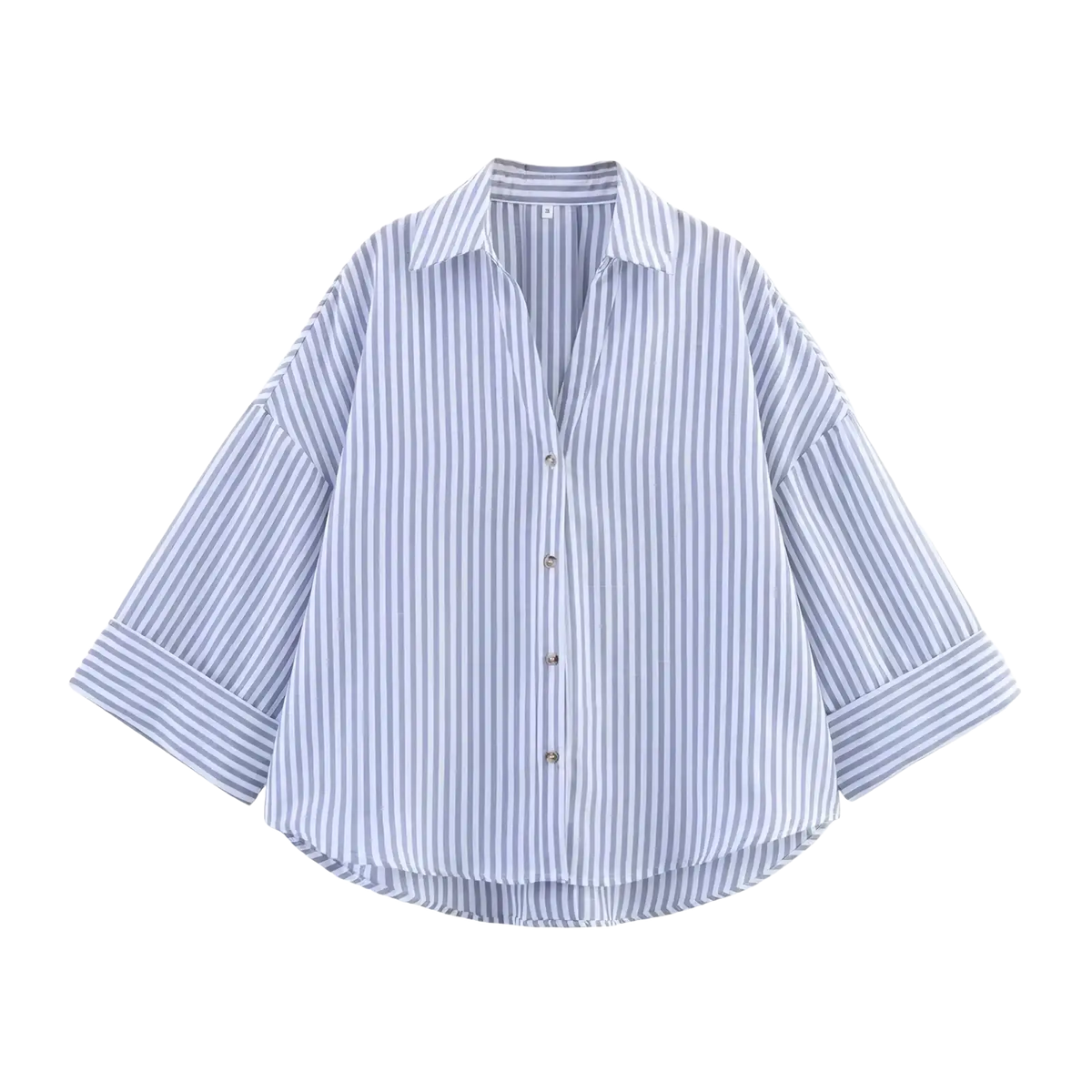Mujer striped loose women summer button up shirt in blue and white vertical stripes with long sleeves and a relaxed fit