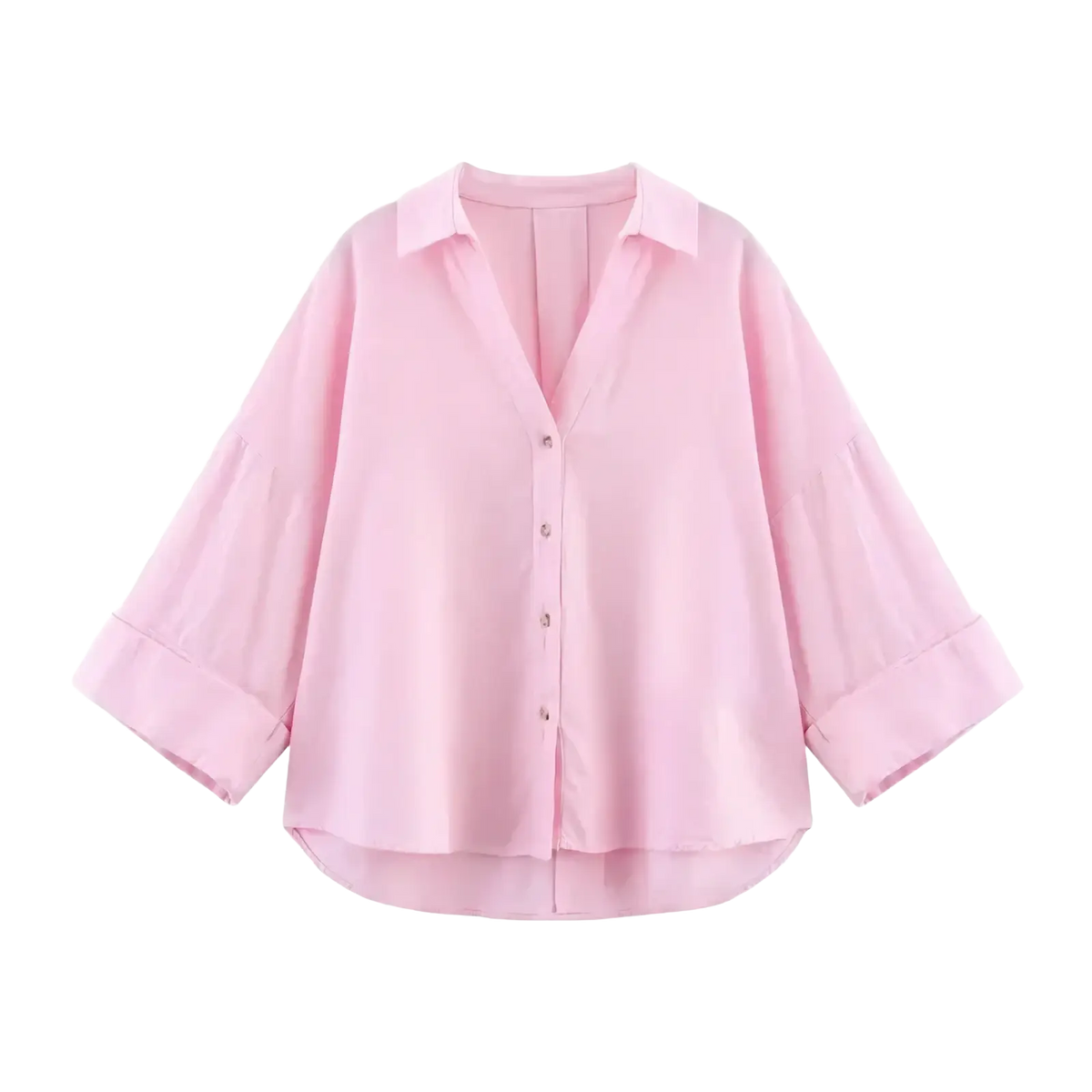 A soft pink mujer striped loose button up blouse with three quarter sleeves and a slightly curved hem for summer wear
