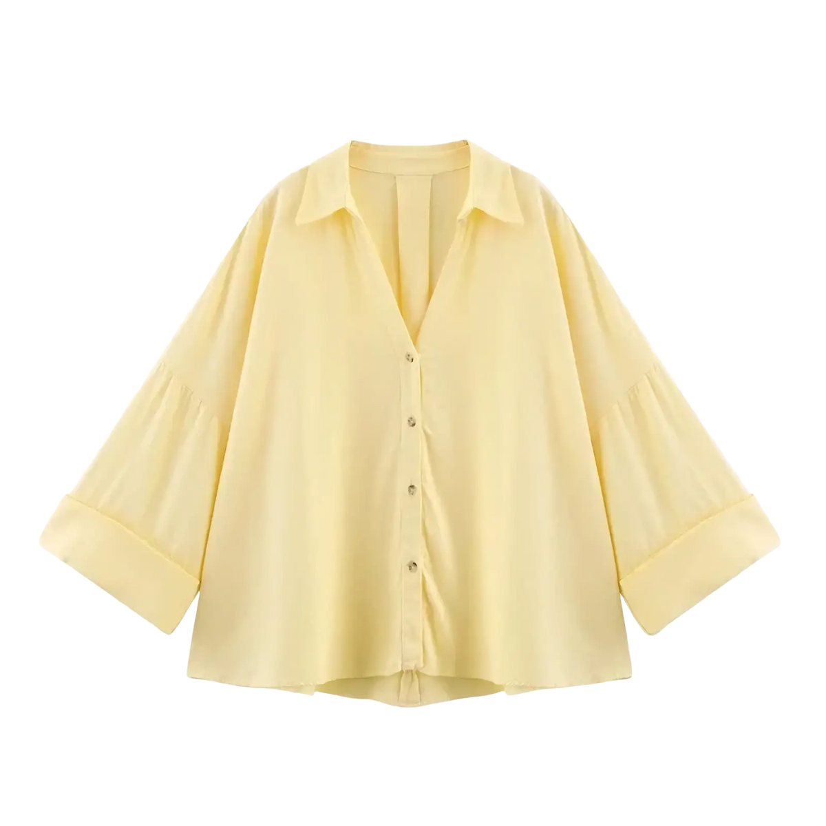 Mujer striped loose women summer button up shirt in soft yellow with v-neck and rolled cuffs, ideal for warm weather