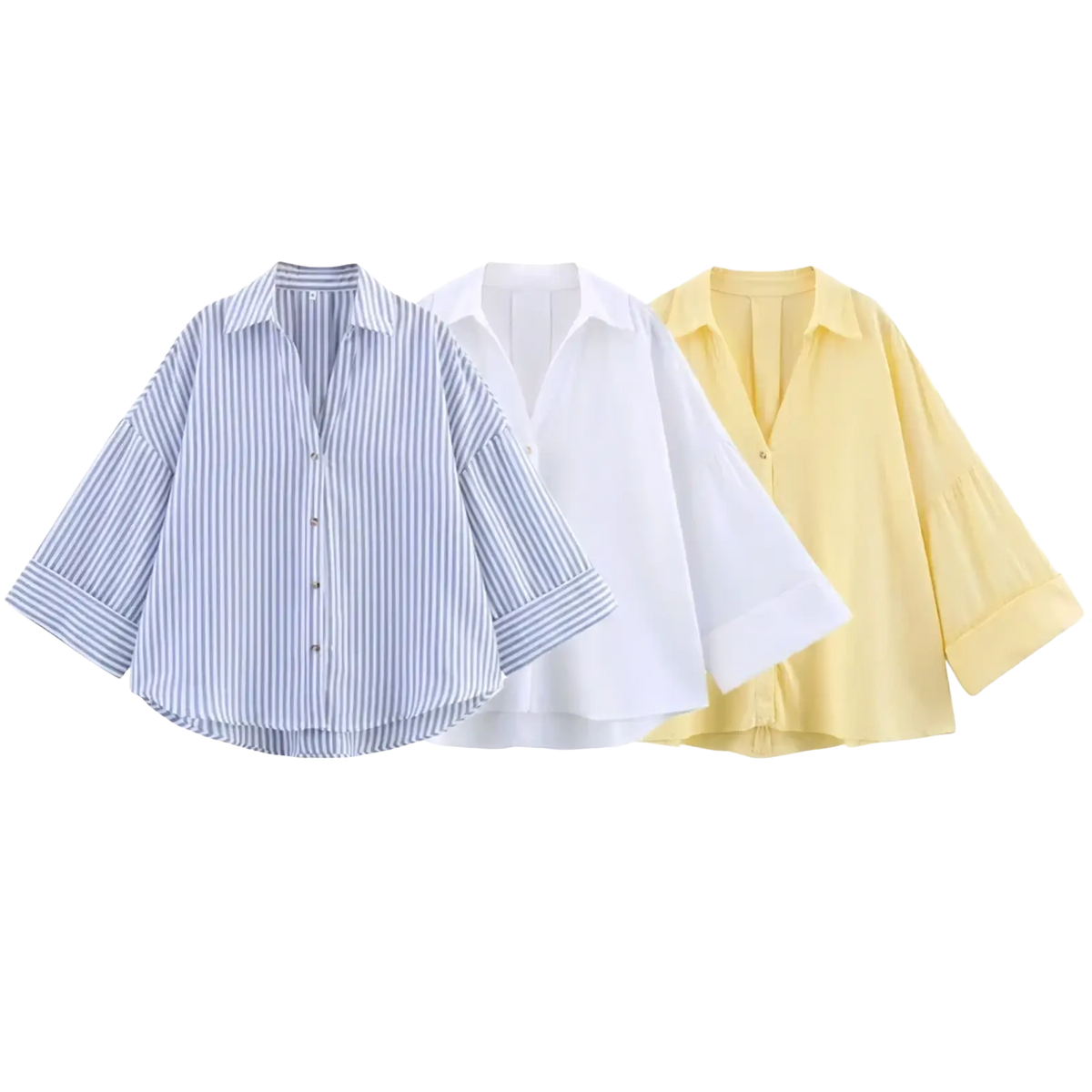 Three mujer brand women’s oversized button-down shirts in blue and white stripes solid white and pale yellow summer wear