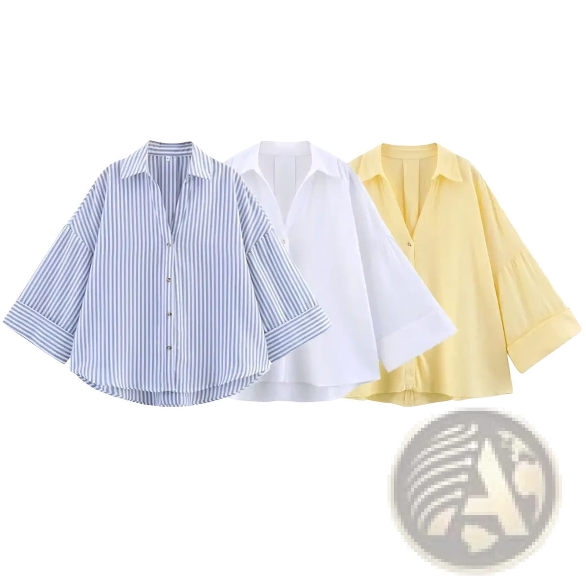 Three mujer brand women’s oversized button-down shirts in blue and white stripes solid white and pale yellow summer wear