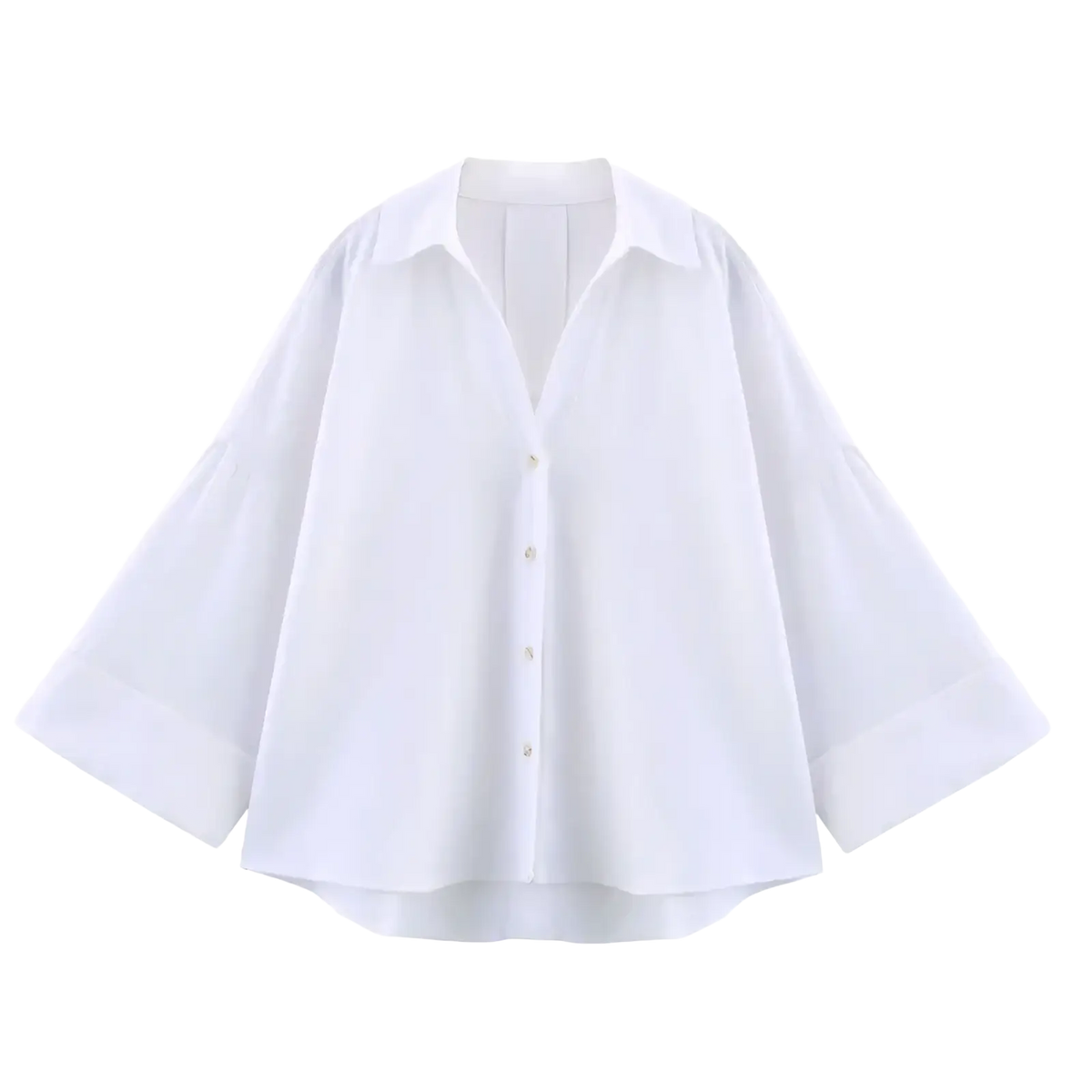 White oversized button-down blouse with wide sleeves and relaxed fit perfect for summer casual wear