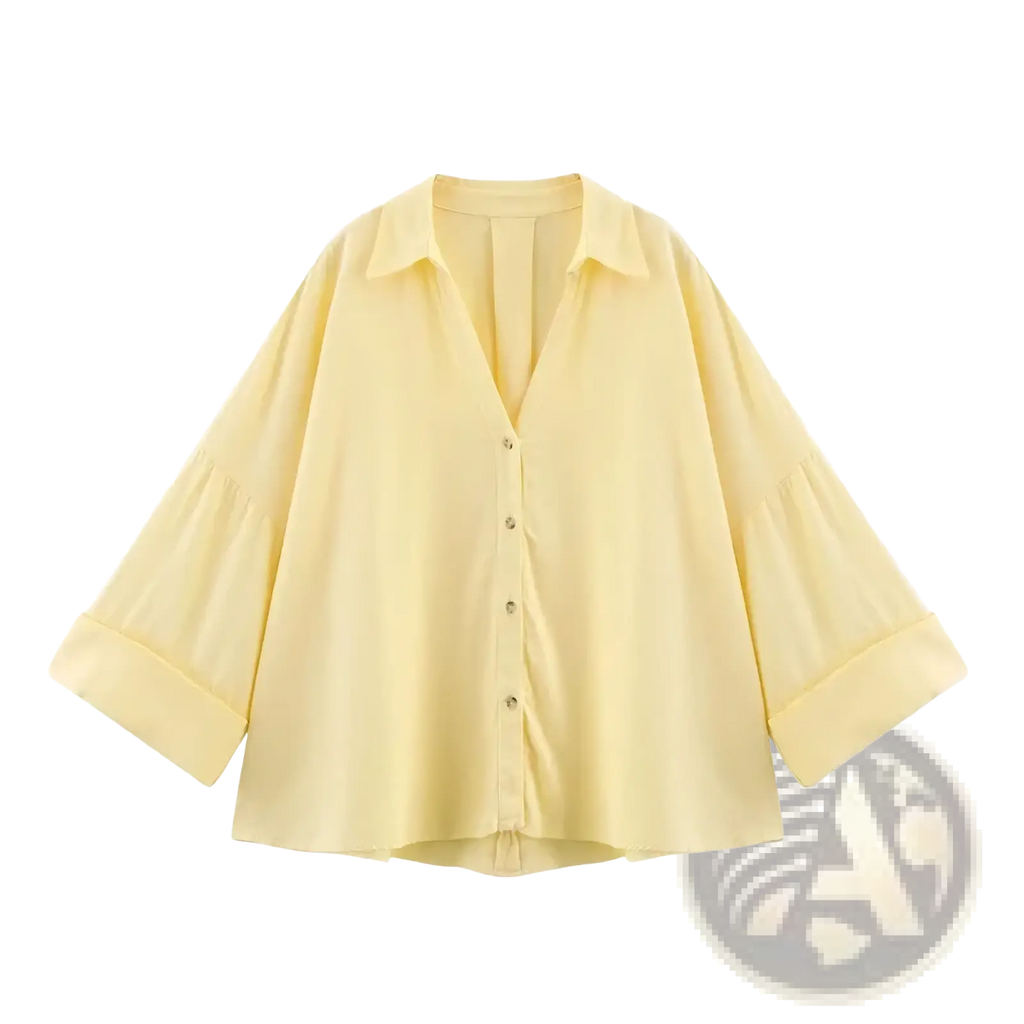 Mujer striped loose women summer button up shirt in soft yellow with v-neck and rolled cuffs, ideal for warm weather