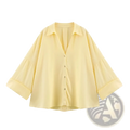 Mujer striped loose women summer button up shirt in soft yellow with v-neck and rolled cuffs, ideal for warm weather
