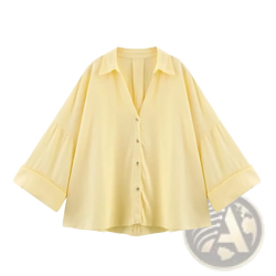Mujer striped loose women summer button up shirt in soft yellow with v-neck and rolled cuffs, ideal for warm weather