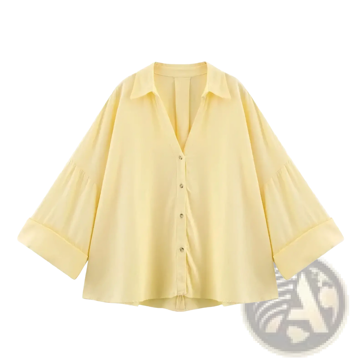 Mujer striped loose women summer button up shirt in soft yellow with v-neck and rolled cuffs, ideal for warm weather