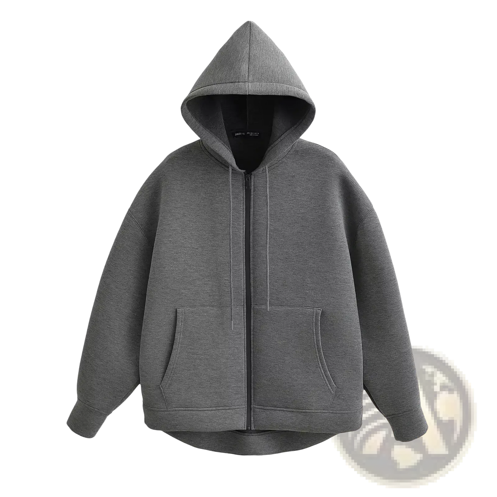 Mujer women zip up oversized hoodie jacket in gray with soft textured fabric and black-lined hood