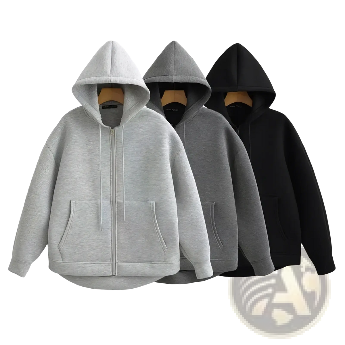 Three mujer brand zip up oversized hoodie jackets in heather gray solid gray and black for women
