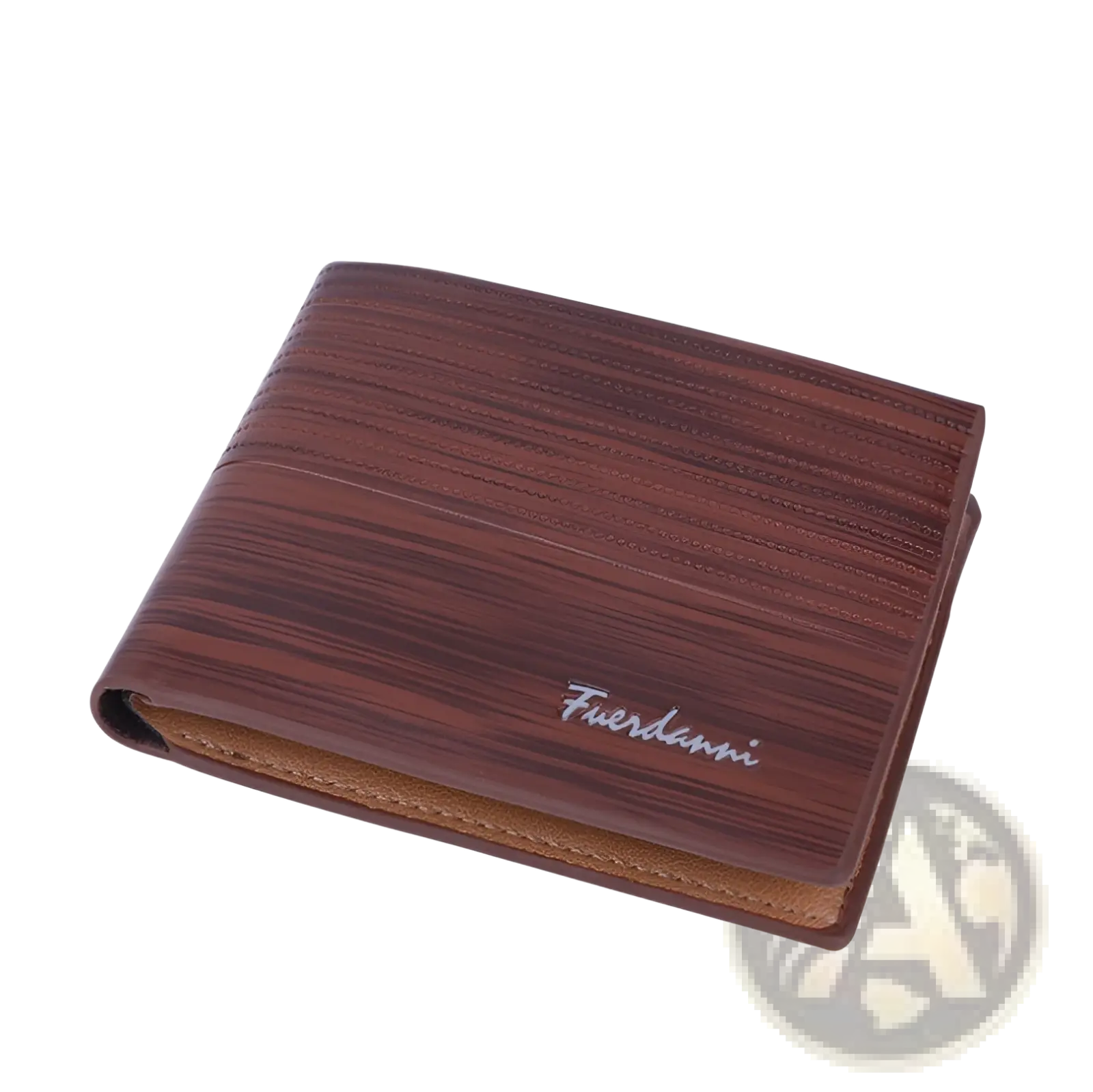 Brown pu leather multi-card wallet with wood-grain texture and silver fuerdanni embossed logo