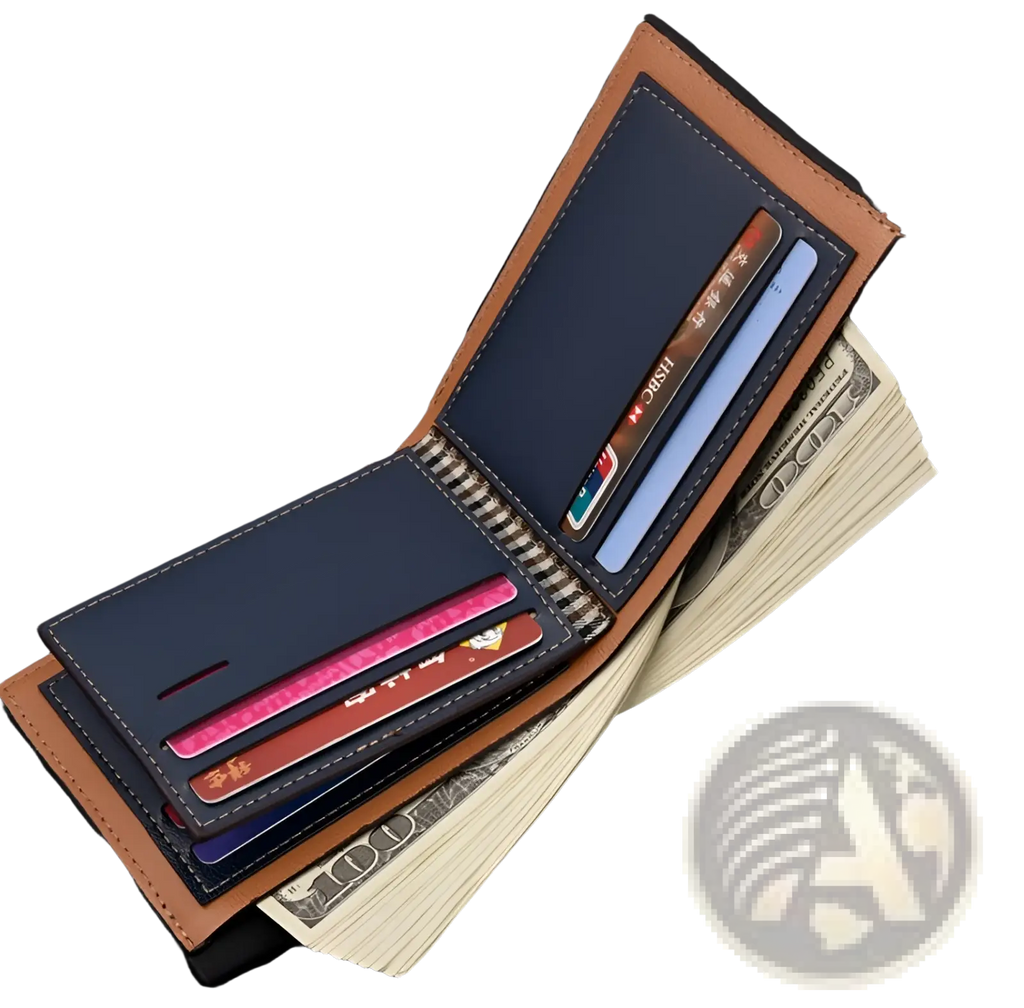 Brown leather multi-card pu leather wallet with embossed logo navy blue interior and multiple card slots with us 100 bills