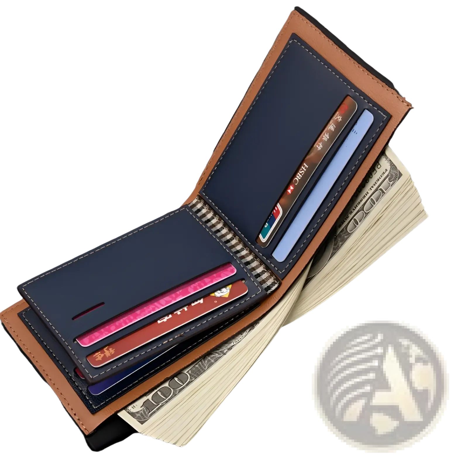 Brown leather multi-card pu leather wallet with embossed logo navy blue interior and multiple card slots with us 100 bills