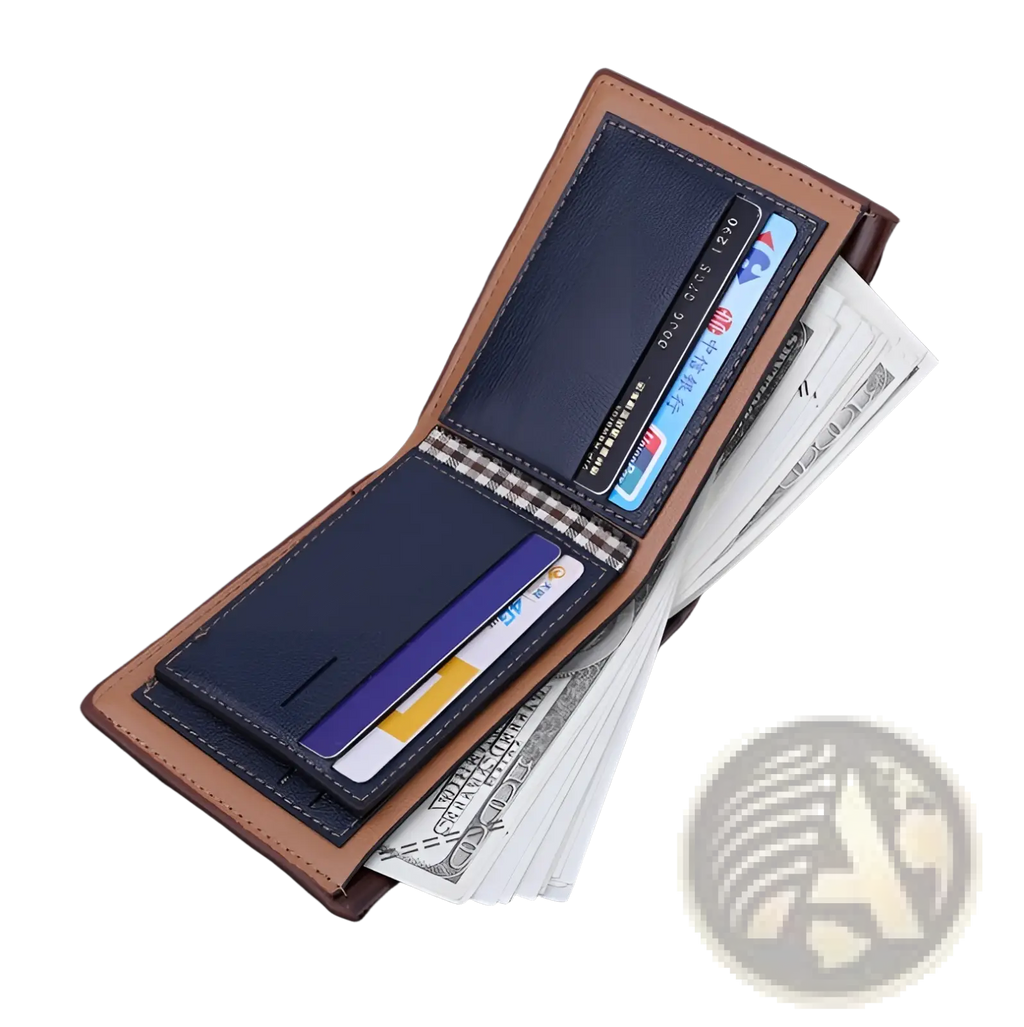 Brown leather multi-card pu leather wallet with embossed logo navy blue interior card slots and money compartment