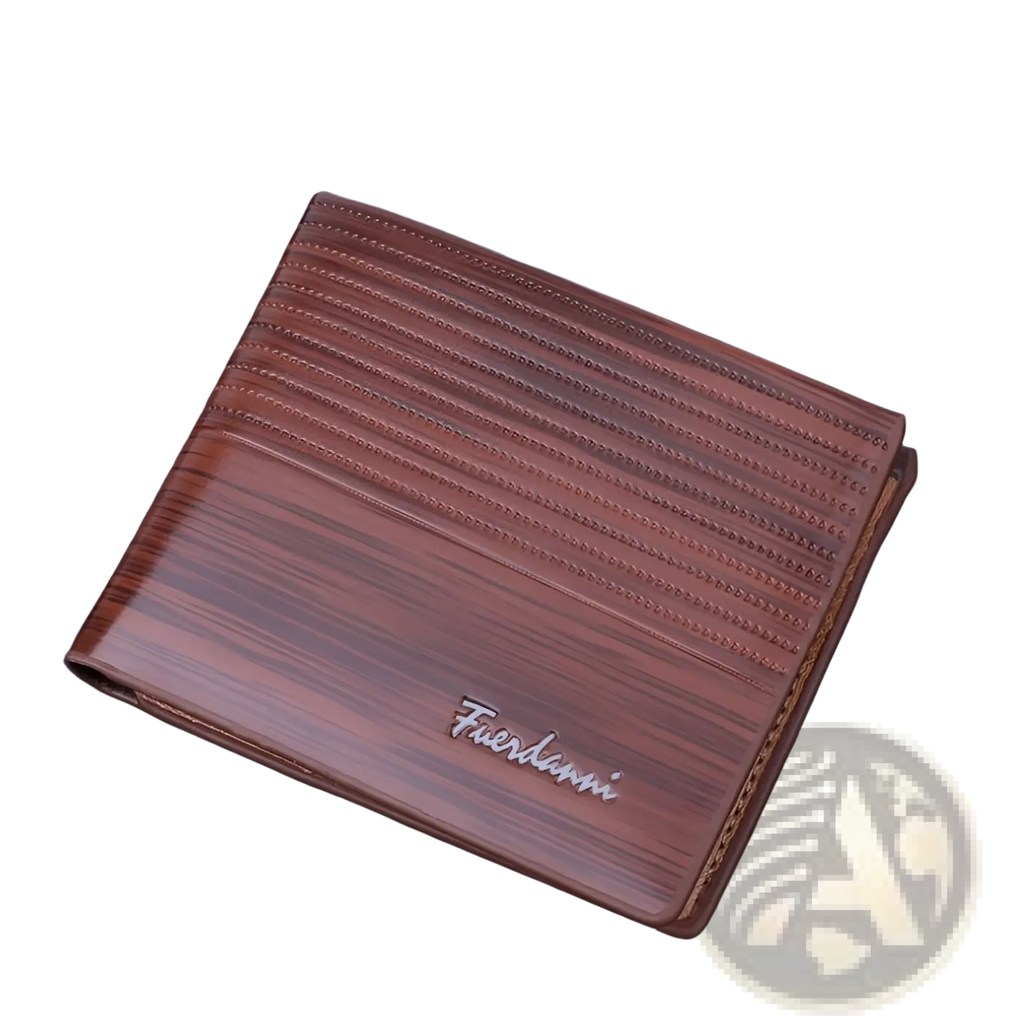 Brown multi-card pu leather wallet with textured wood-grain pattern and silver embossed logo on front side