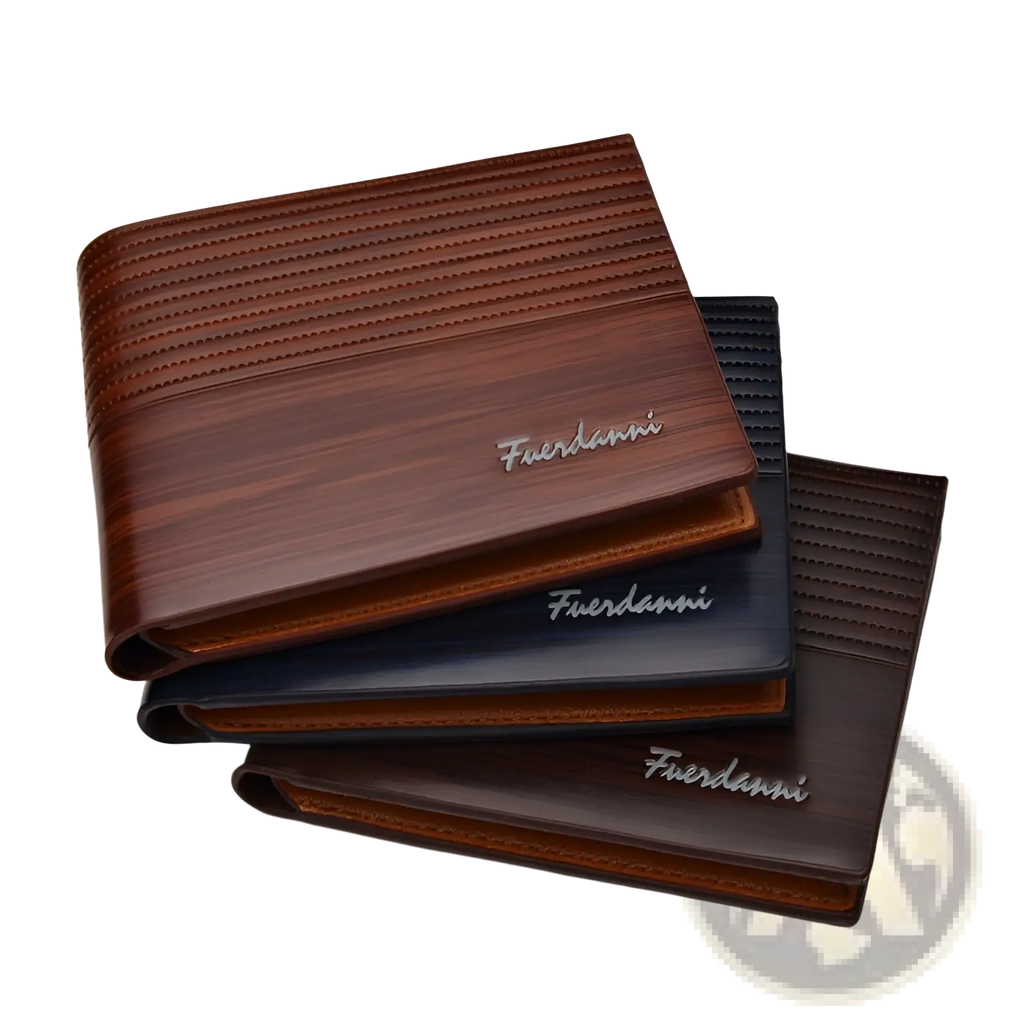 Brown multi-card pu leather wallet with wood-grain texture and embossed silver Fuerdanni logo on the front