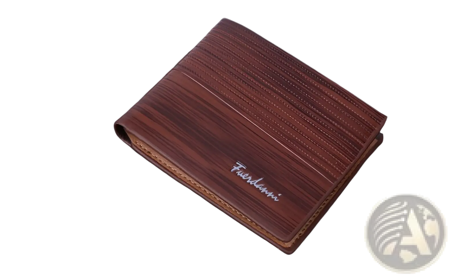 Brown leather multi-card pu wallet with wood-grain texture stitched edges and friederik embroidered silver logo