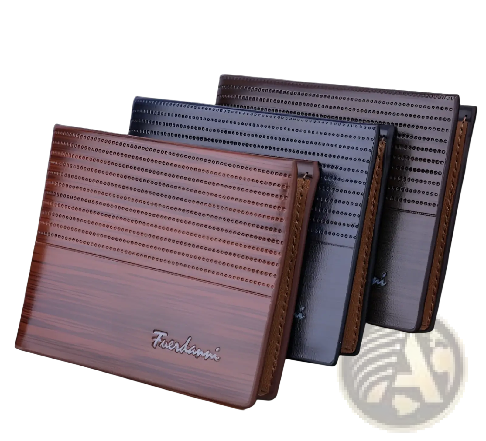Pink pu leather multi-card wallet with stitched dot pattern brown stitching and embossed furdamani logo