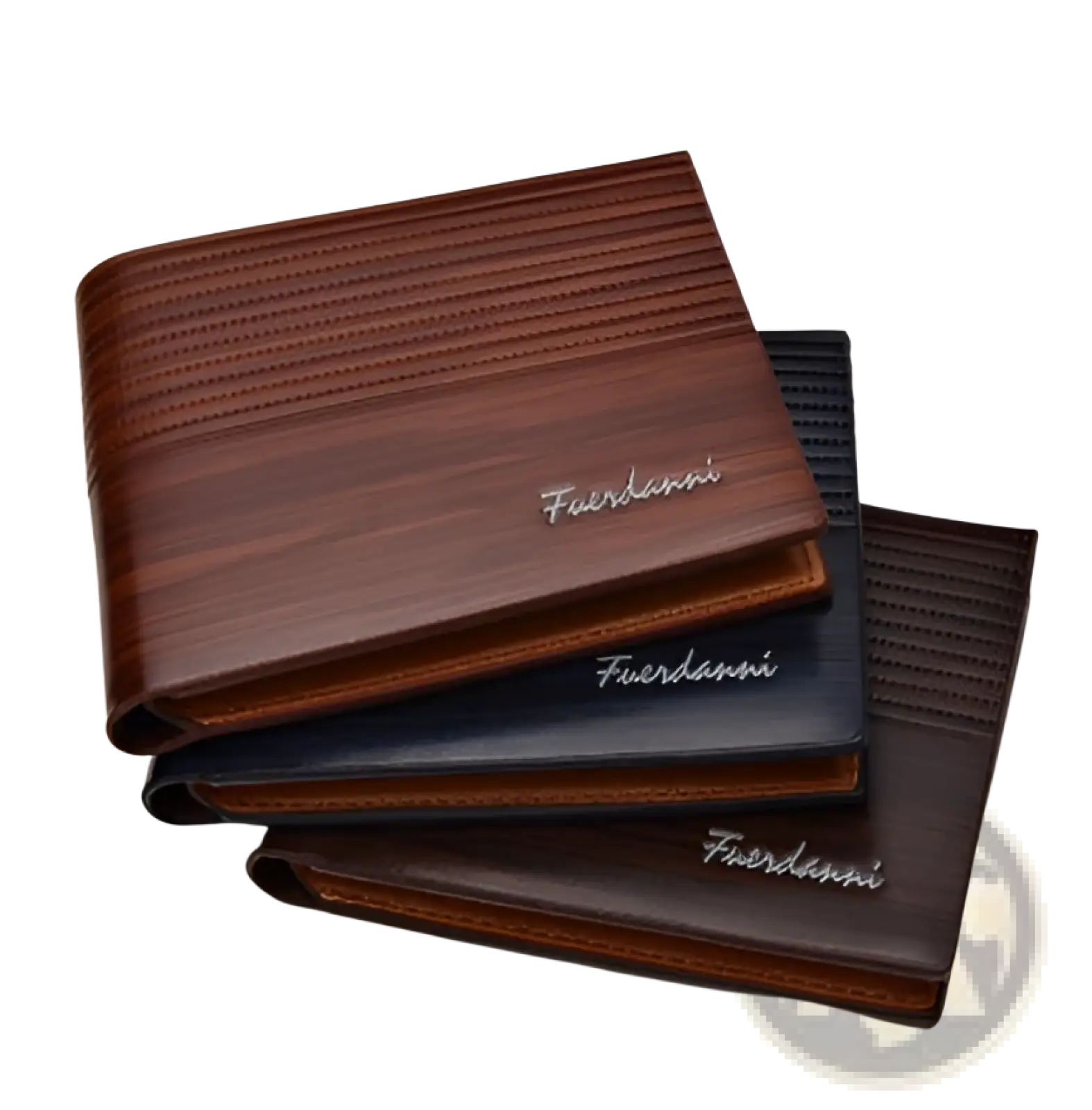 Multi-card pu leather wallets in rich brown dark blue and black with subtle stitching and silver embossed fairdanni logo