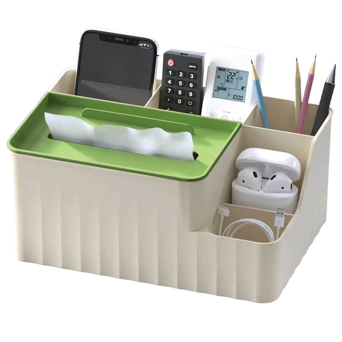 Beige and green plastic multi compartment desk organizer with ribbed sides for efficient office storage and organization