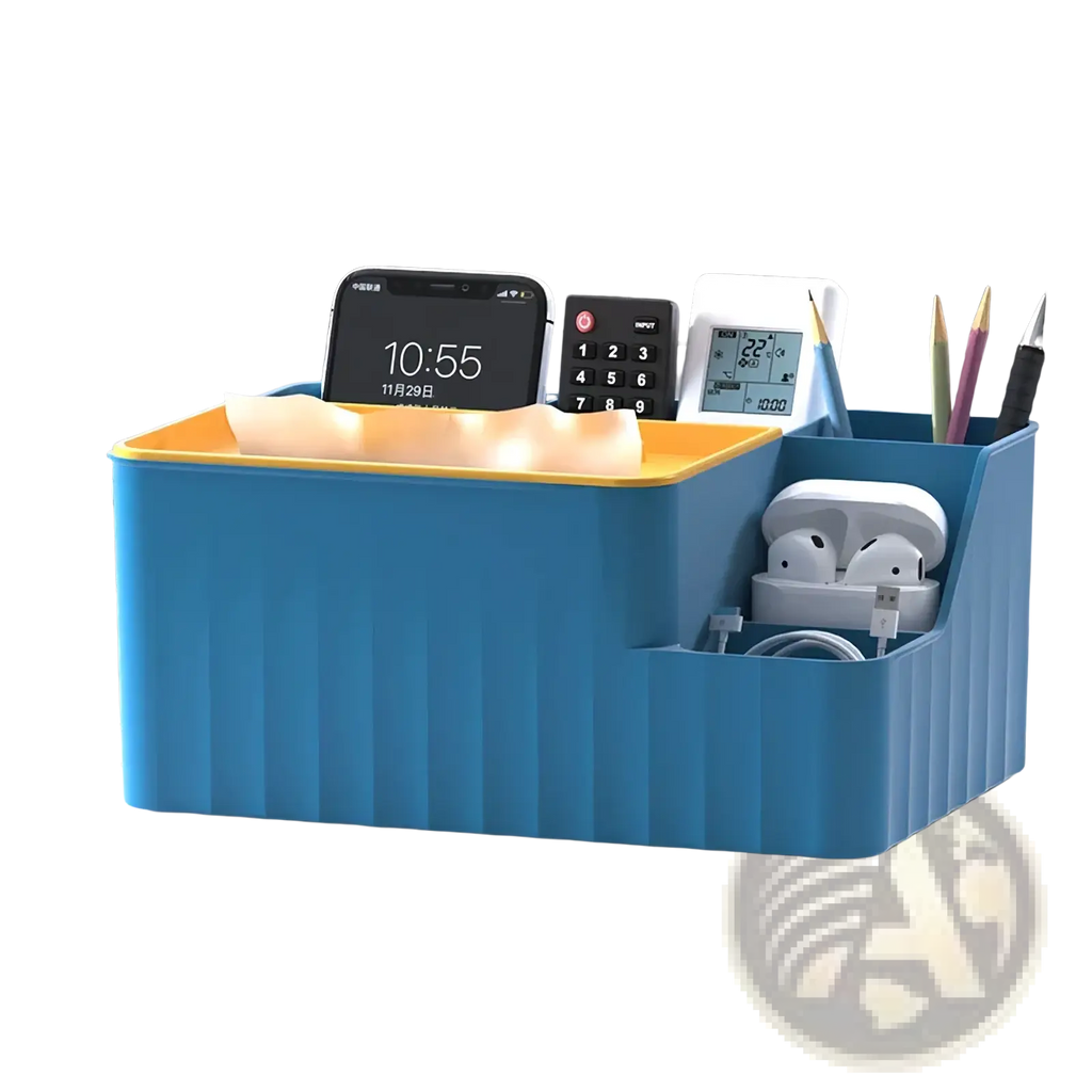 Multi compartment plastic desk organizer in blue ribbed plastic with a yellow interior compartment for office use