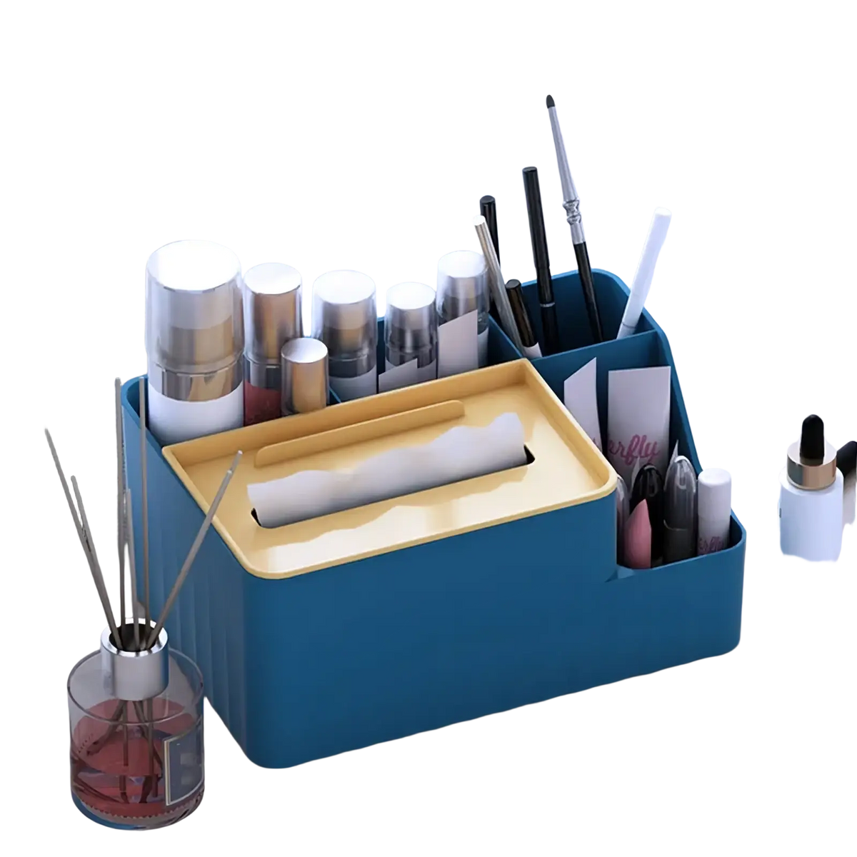 Blue and yellow plastic multi compartment desk organizer with tissue box insert for makeup and office supplies storage