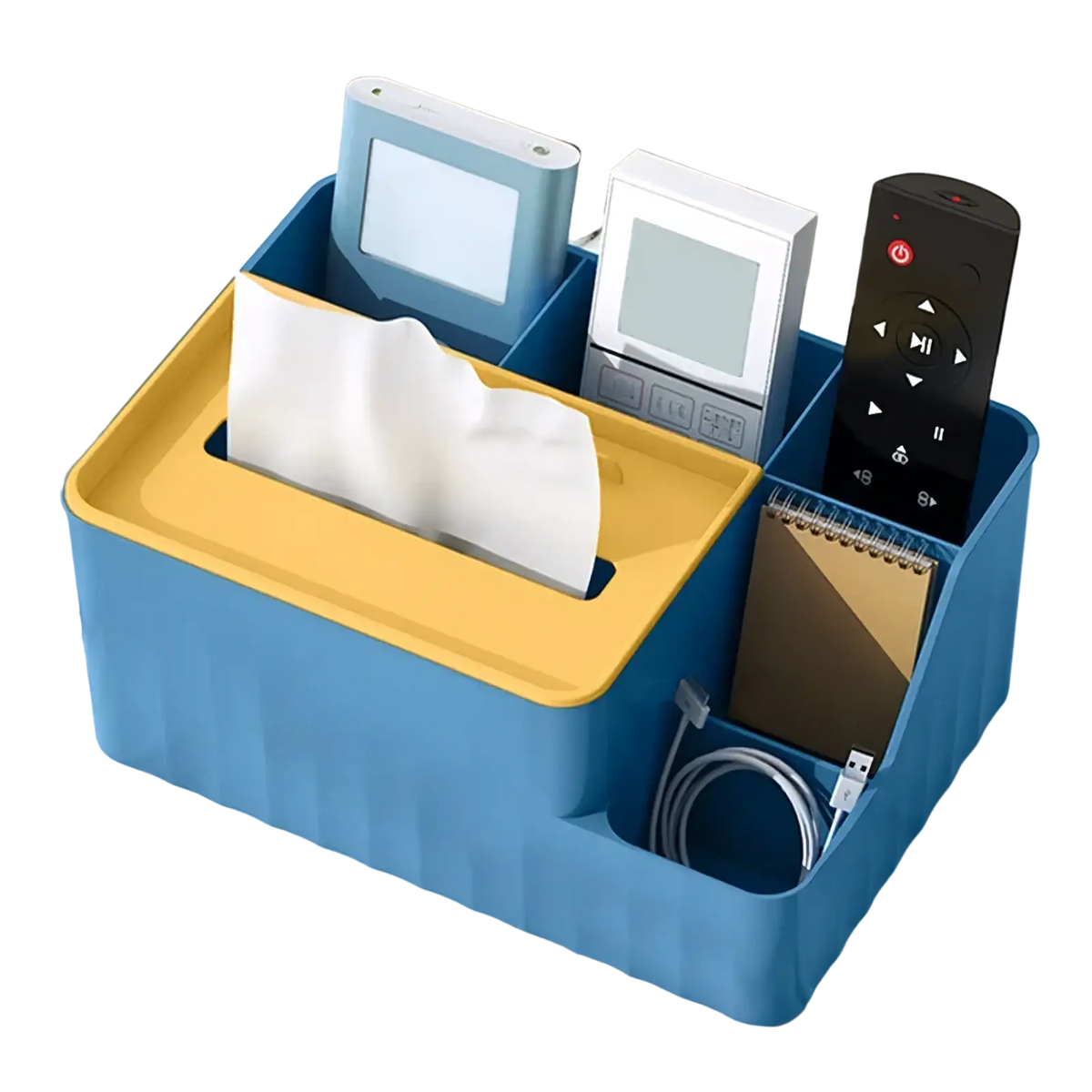 Blue and yellow plastic multi compartment desk organizer with ribbed texture holding remotes, tissue paper, notebook, and cables