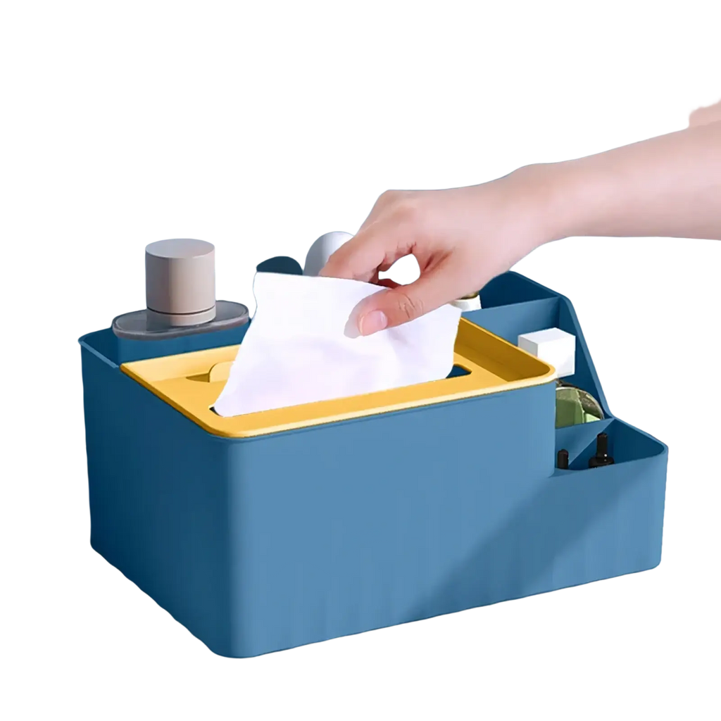 Blue and yellow plastic multi compartment desk organizer with multiple sections for organizing small items