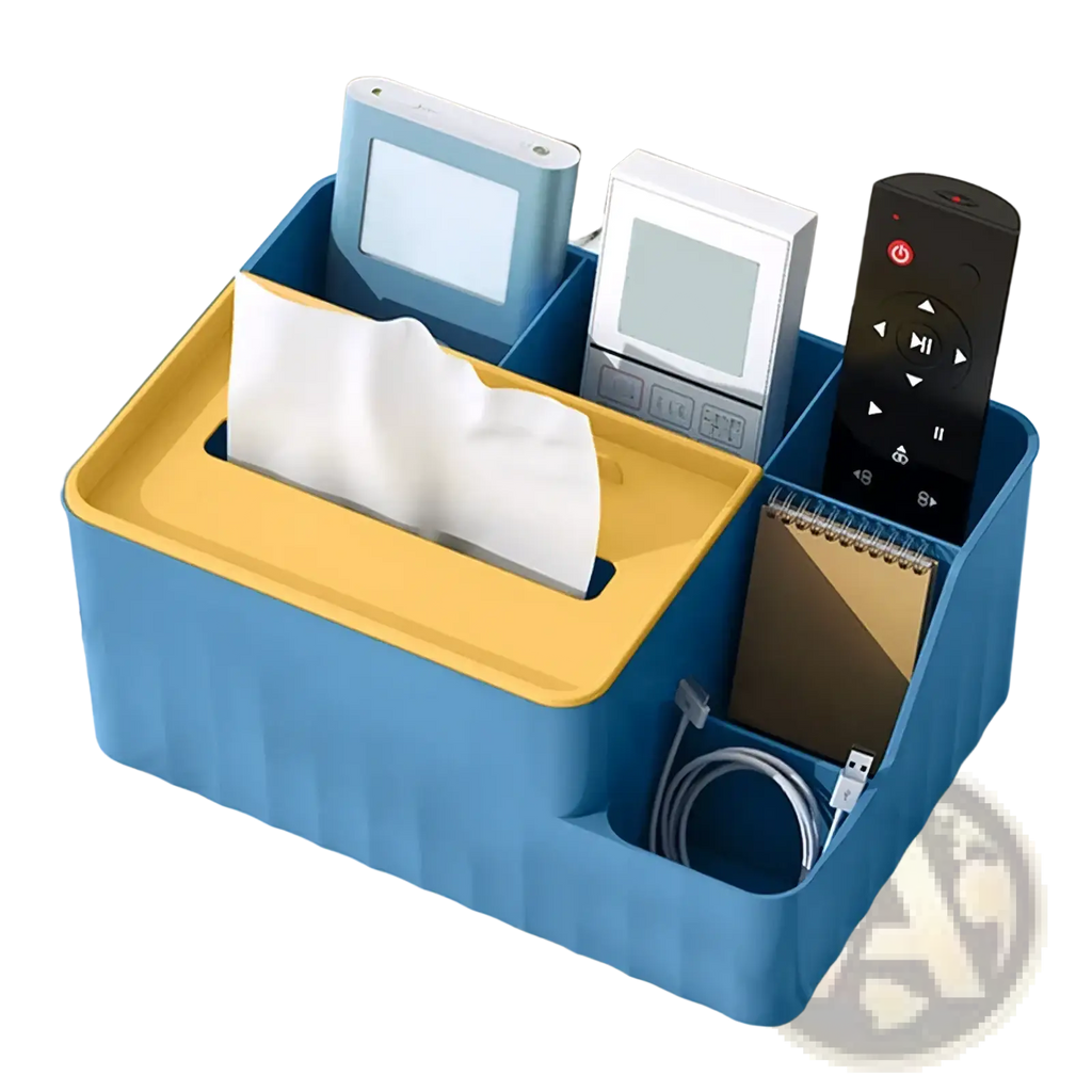 Blue and yellow plastic multi compartment desk organizer with ribbed texture holding remotes, tissue paper, notebook, and cables
