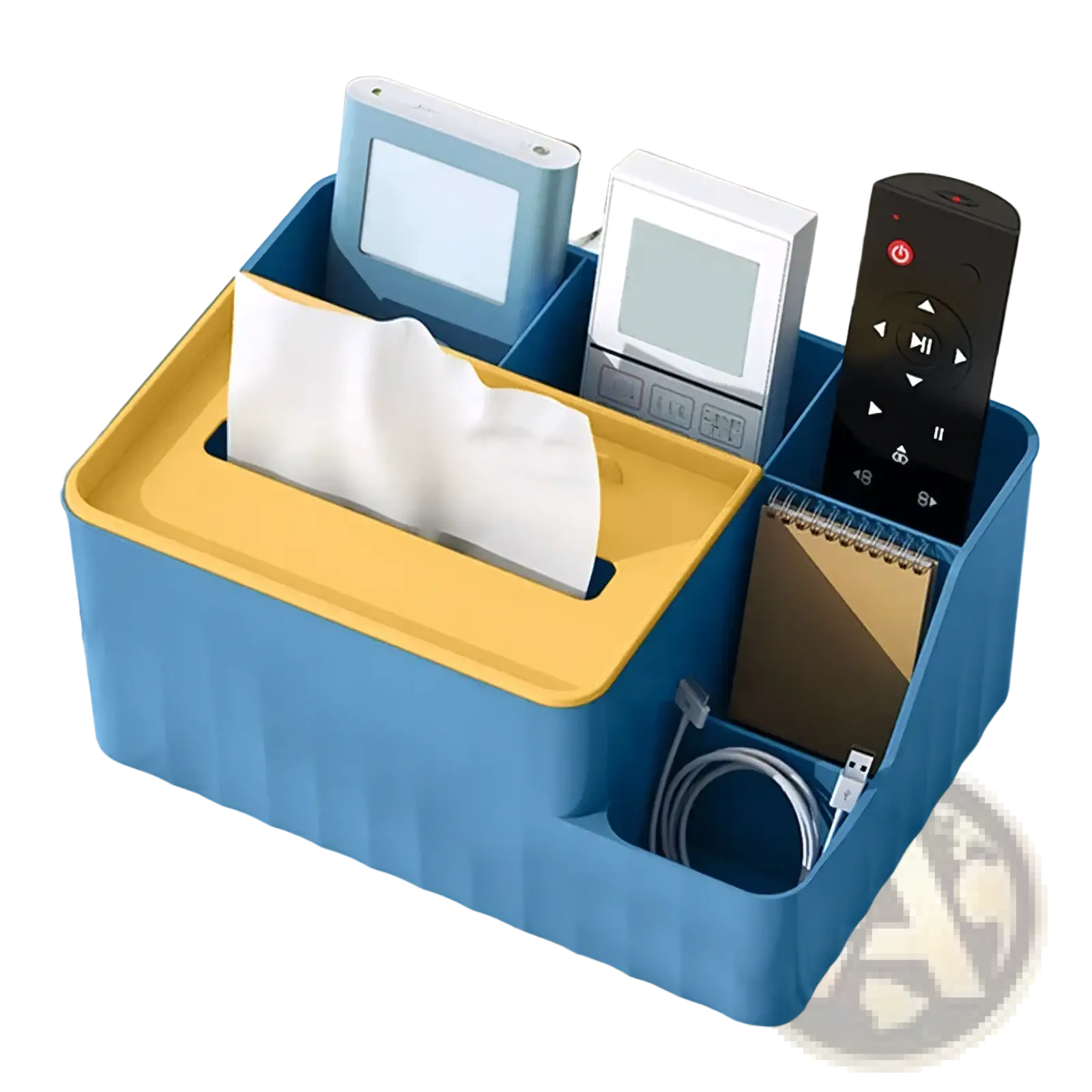 Blue and yellow plastic multi compartment desk organizer with ribbed texture holding remotes, tissue paper, notebook, and cables