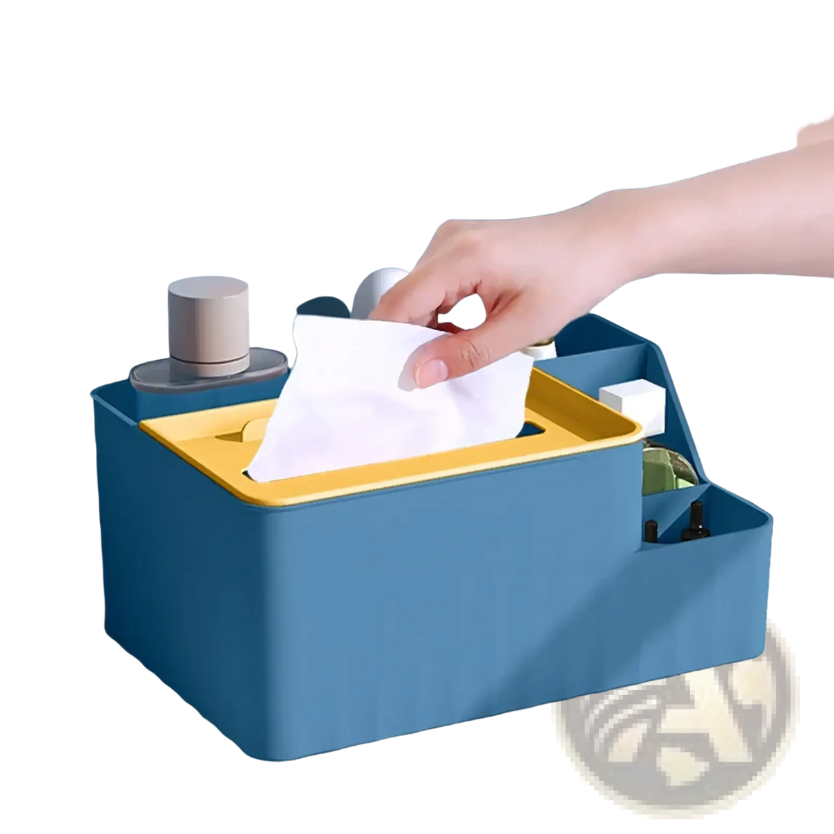 Blue and yellow plastic multi compartment desk organizer with multiple sections for organizing small items