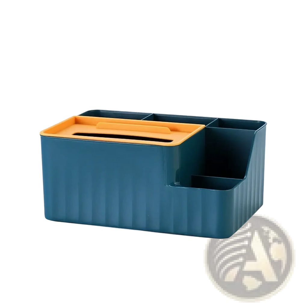 Teal and orange plastic multi compartment desk organizer with ribbed sides for efficient workspace storage