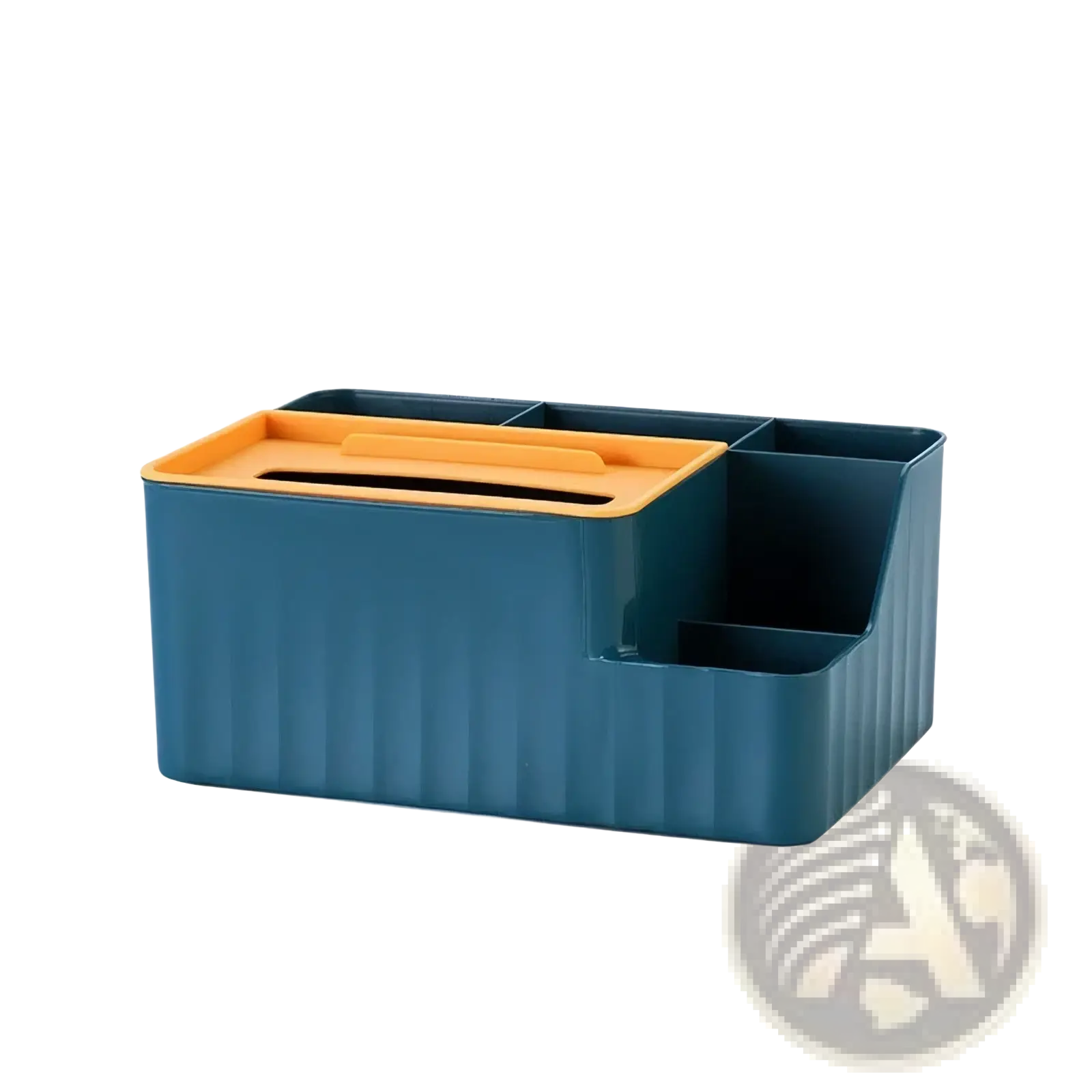 Teal and orange plastic multi compartment desk organizer with ribbed sides for efficient workspace storage