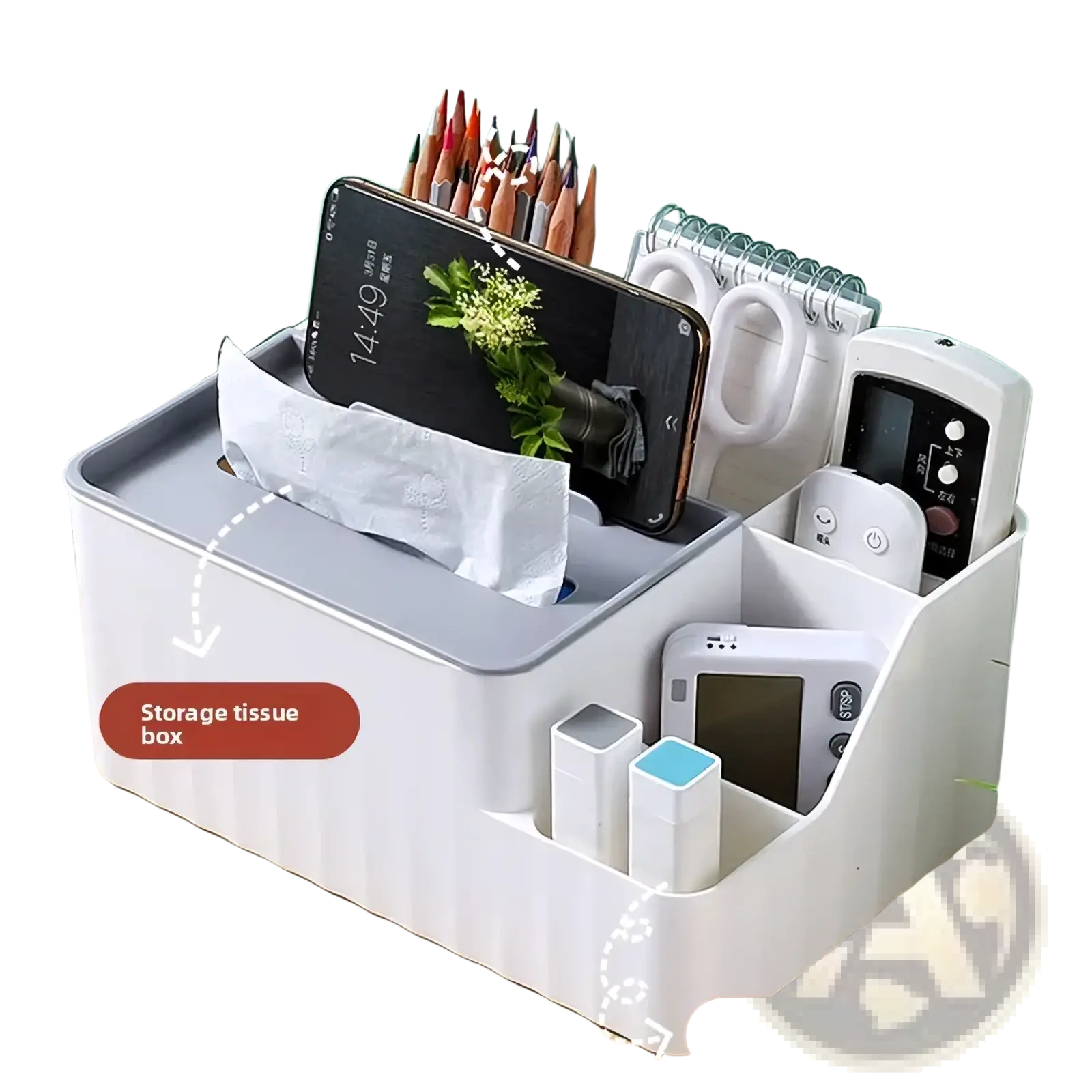 White plastic multi compartment desk organizer with mobile phone holder and tissue box compartment for office use